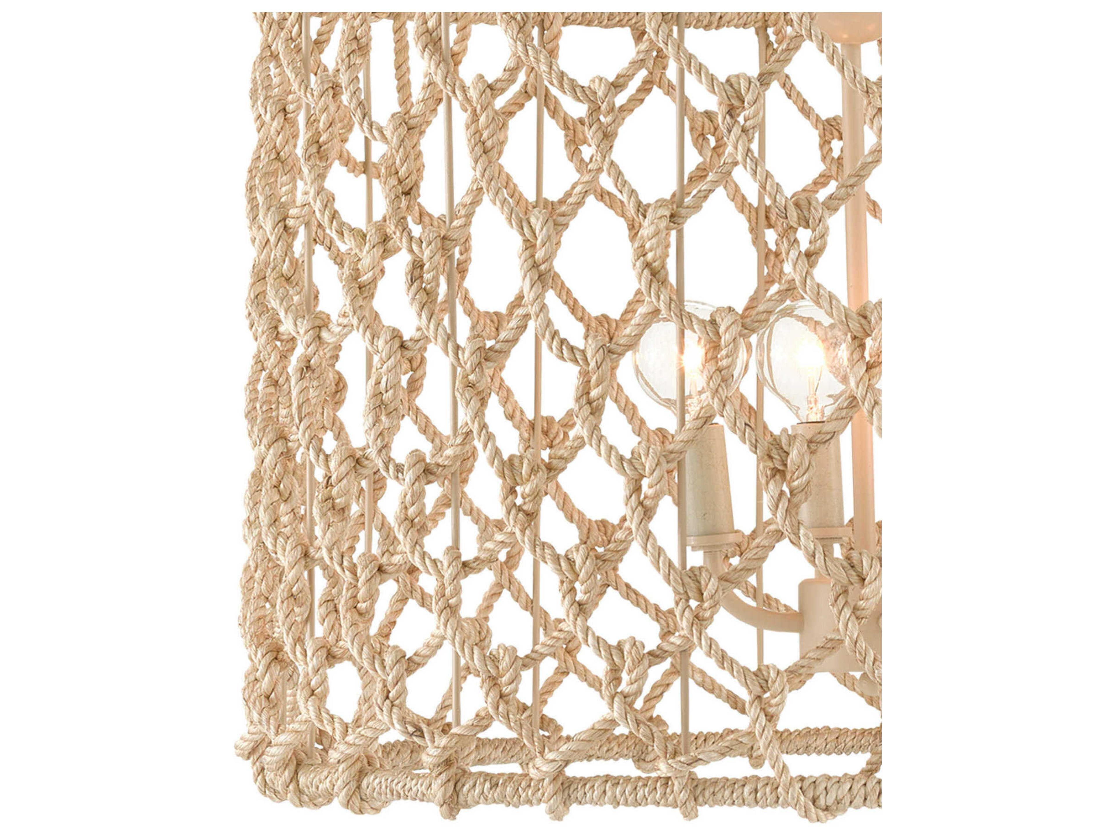 Currey & Company Chesapeake 4-Light Beige Smokewood Natural Rope Brown Drum Chandelier