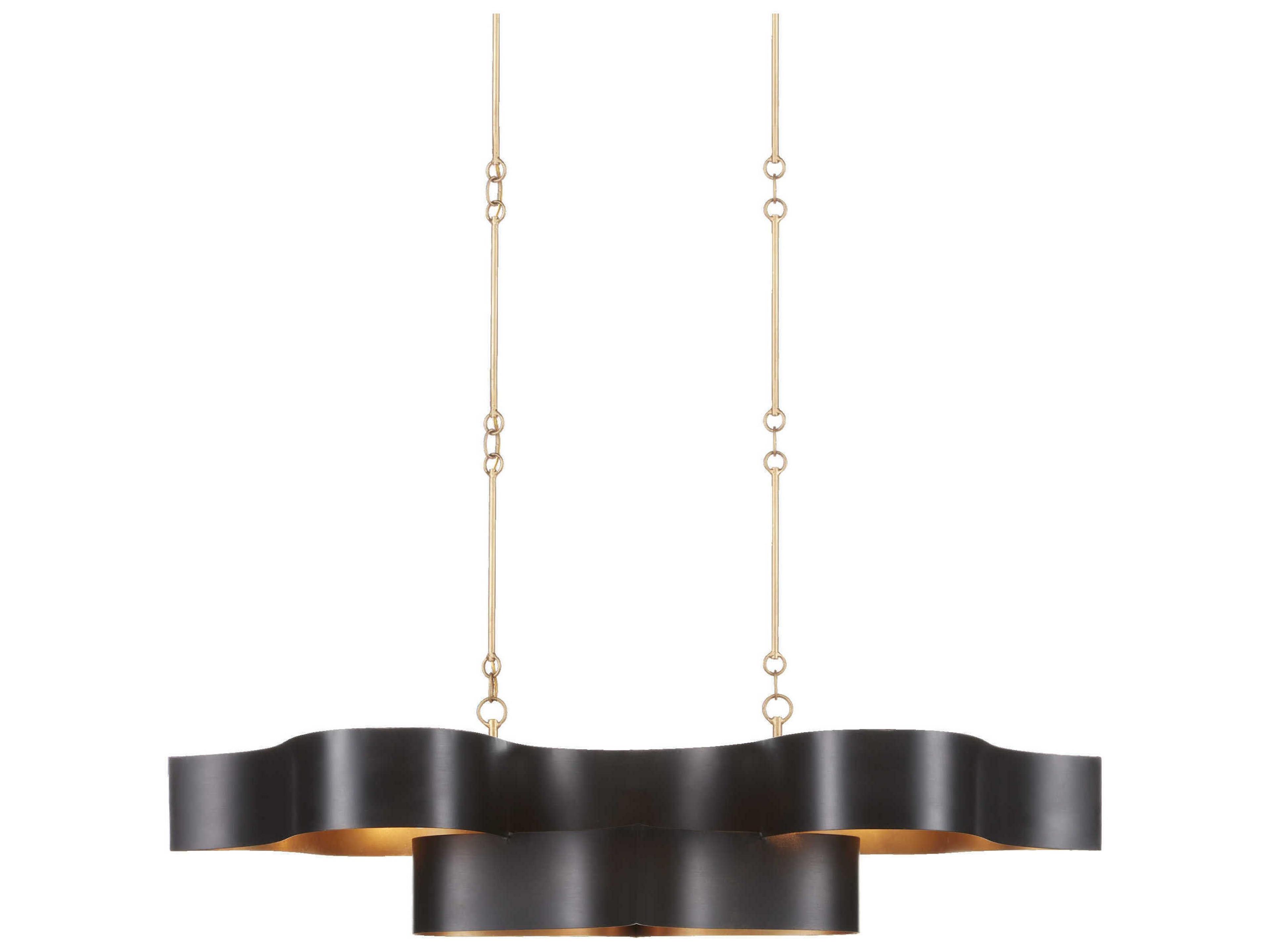 Grand Lotus 6-Light Satin Black Contemporary Gold Leaf Linear Island Pendant