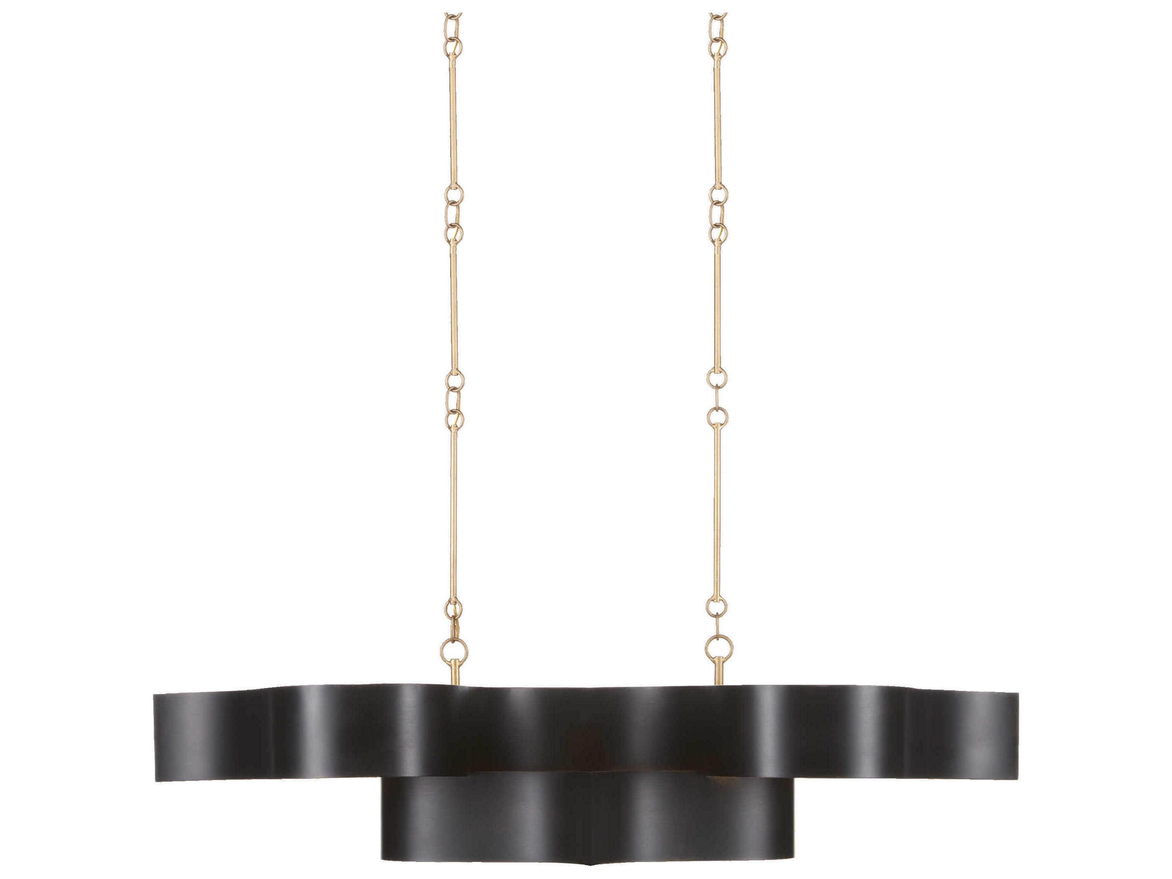 Currey & Company Grand Lotus 6-Light Satin Black Contemporary Gold Leaf Linear Island Pendant