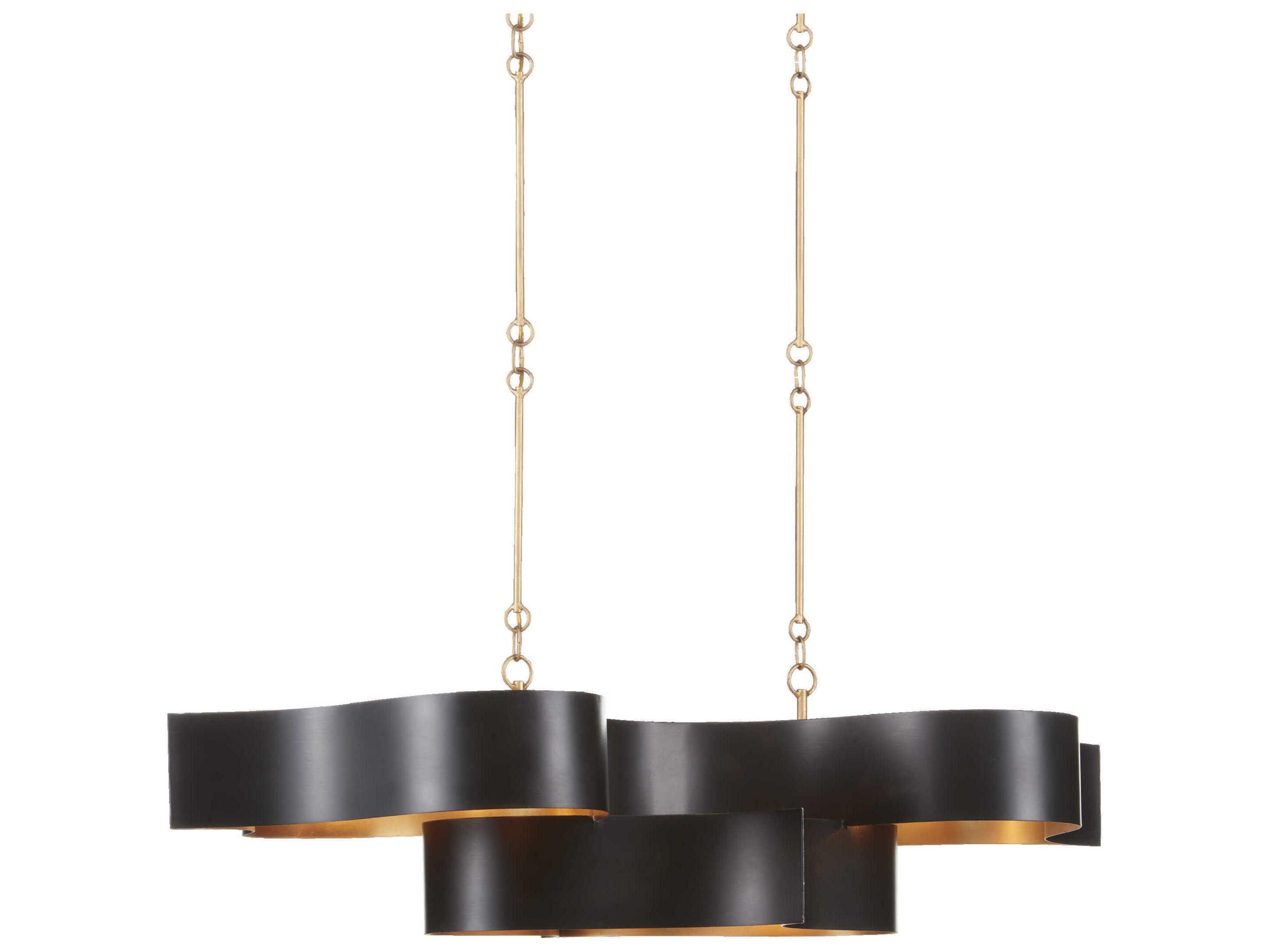 Currey & Company Grand Lotus 6-Light Satin Black Contemporary Gold Leaf Linear Island Pendant