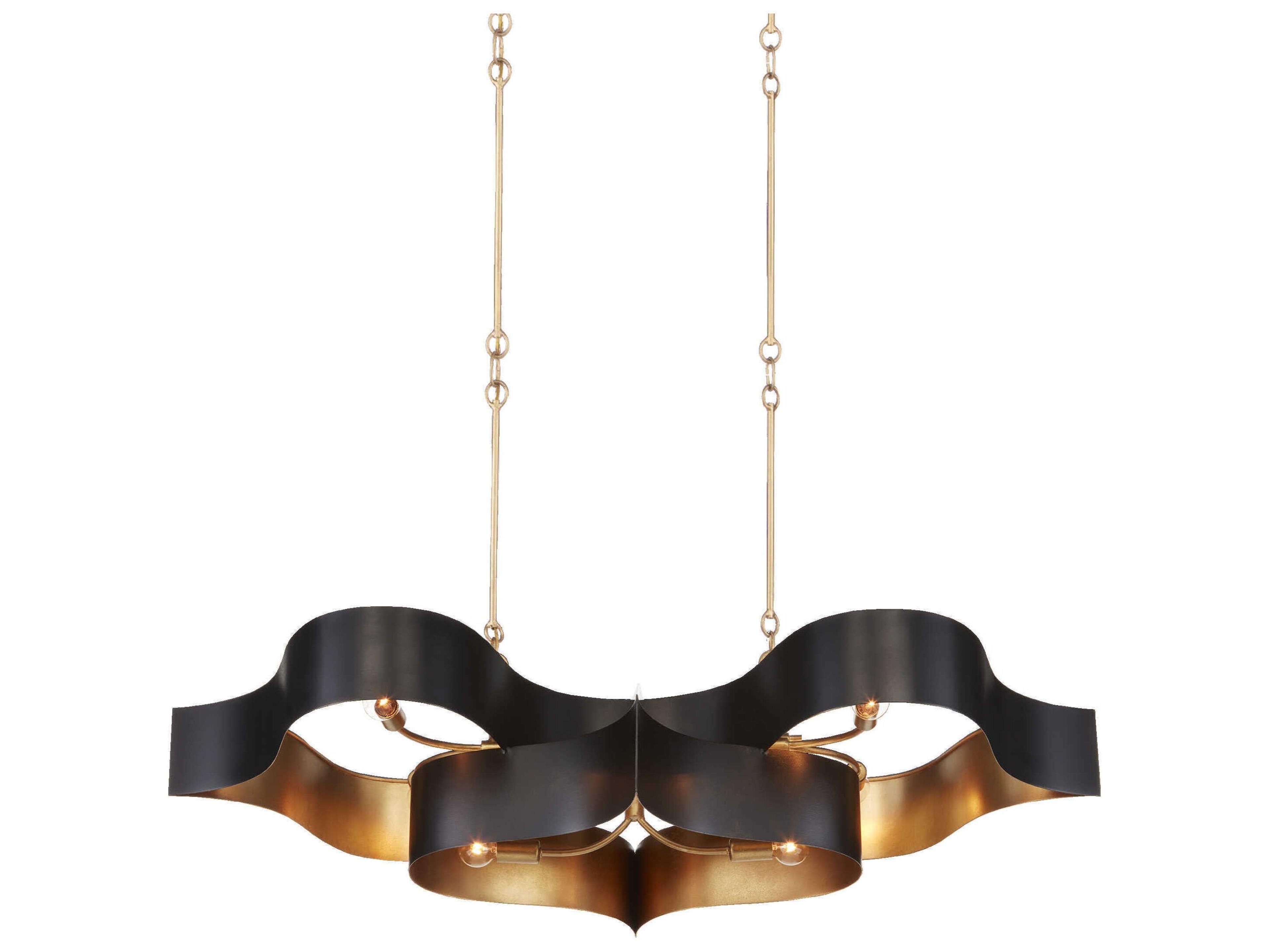Currey & Company Grand Lotus 6-Light Satin Black Contemporary Gold Leaf Linear Island Pendant