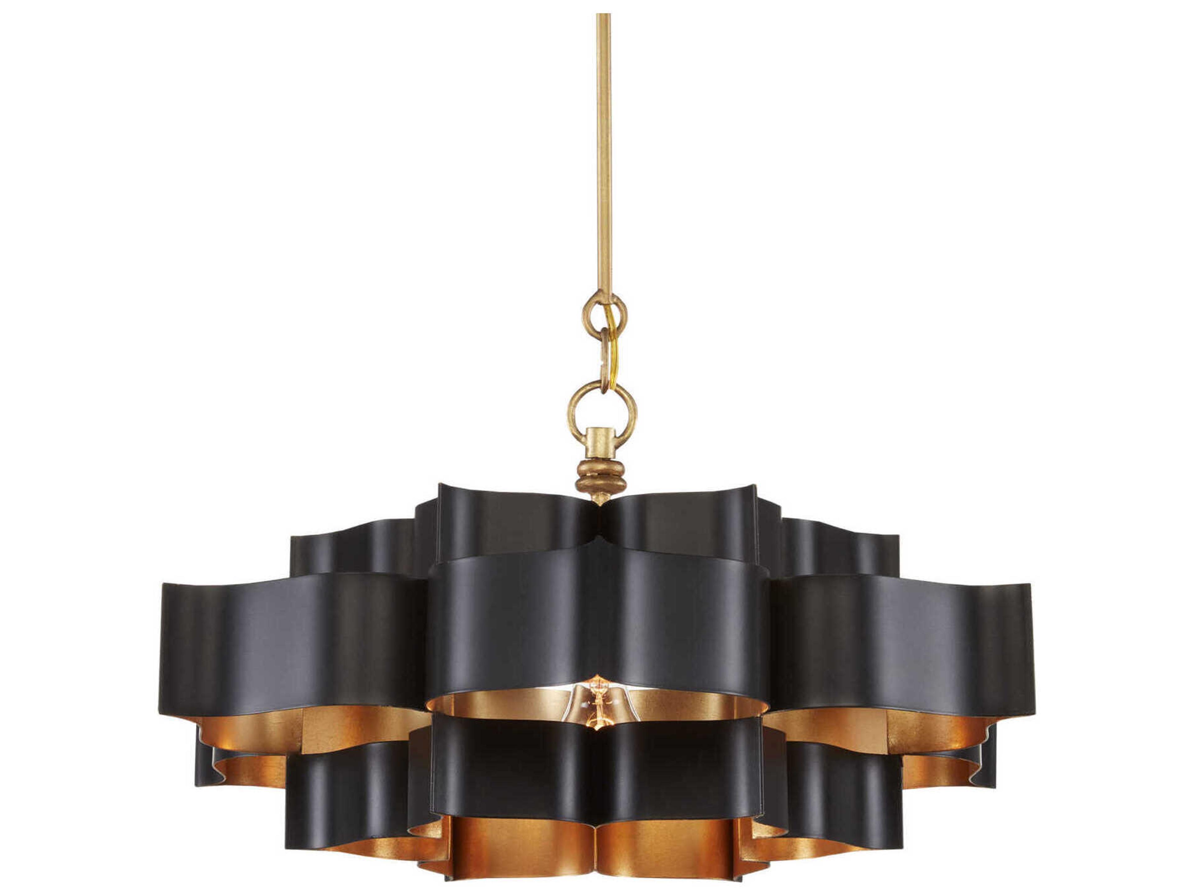 Currey & Company Grand Lotus 1-Light Satin Black Contemporary Gold Leaf Tiered Pendant