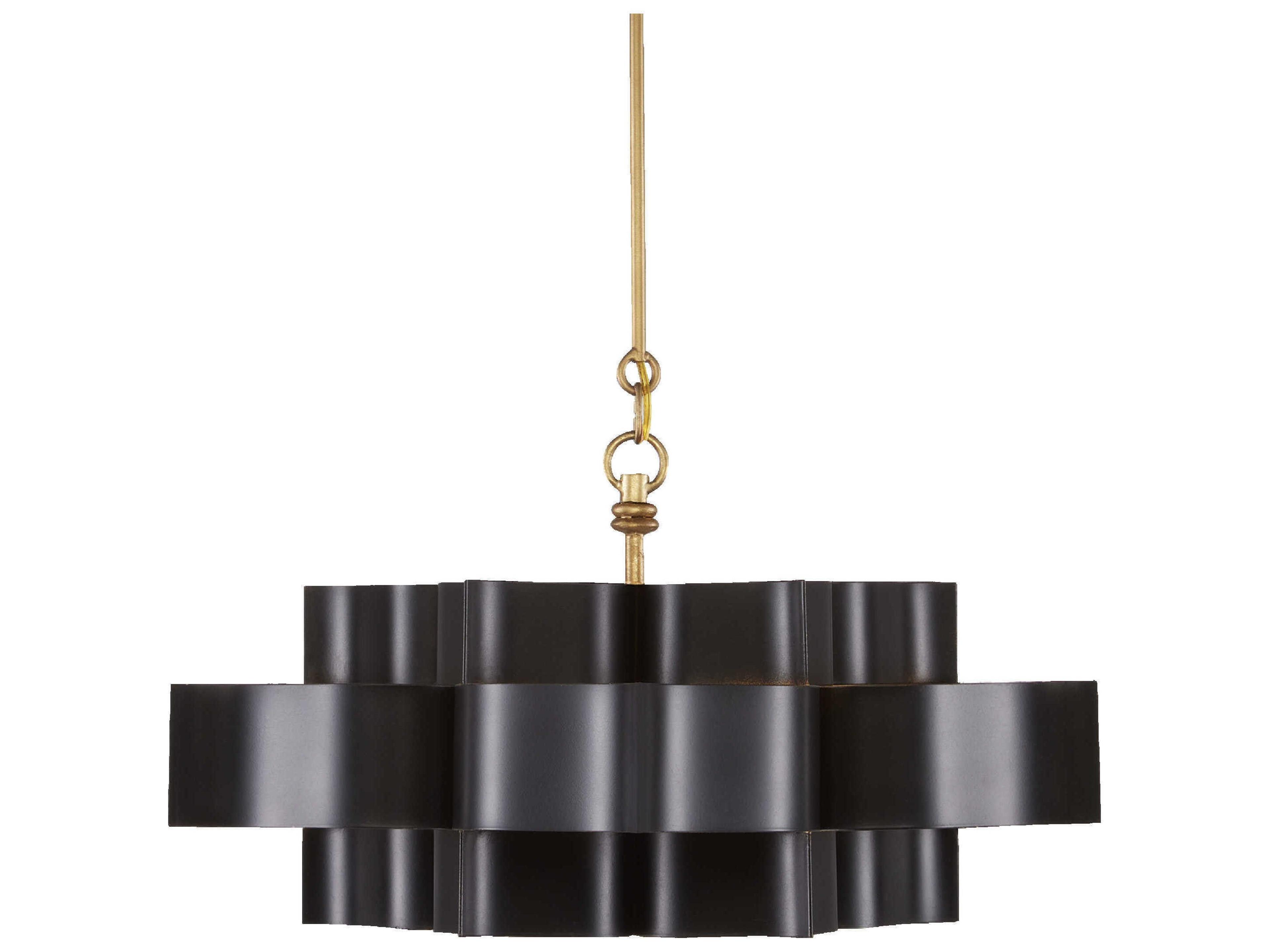 Currey & Company Grand Lotus 1-Light Satin Black Contemporary Gold Leaf Tiered Pendant