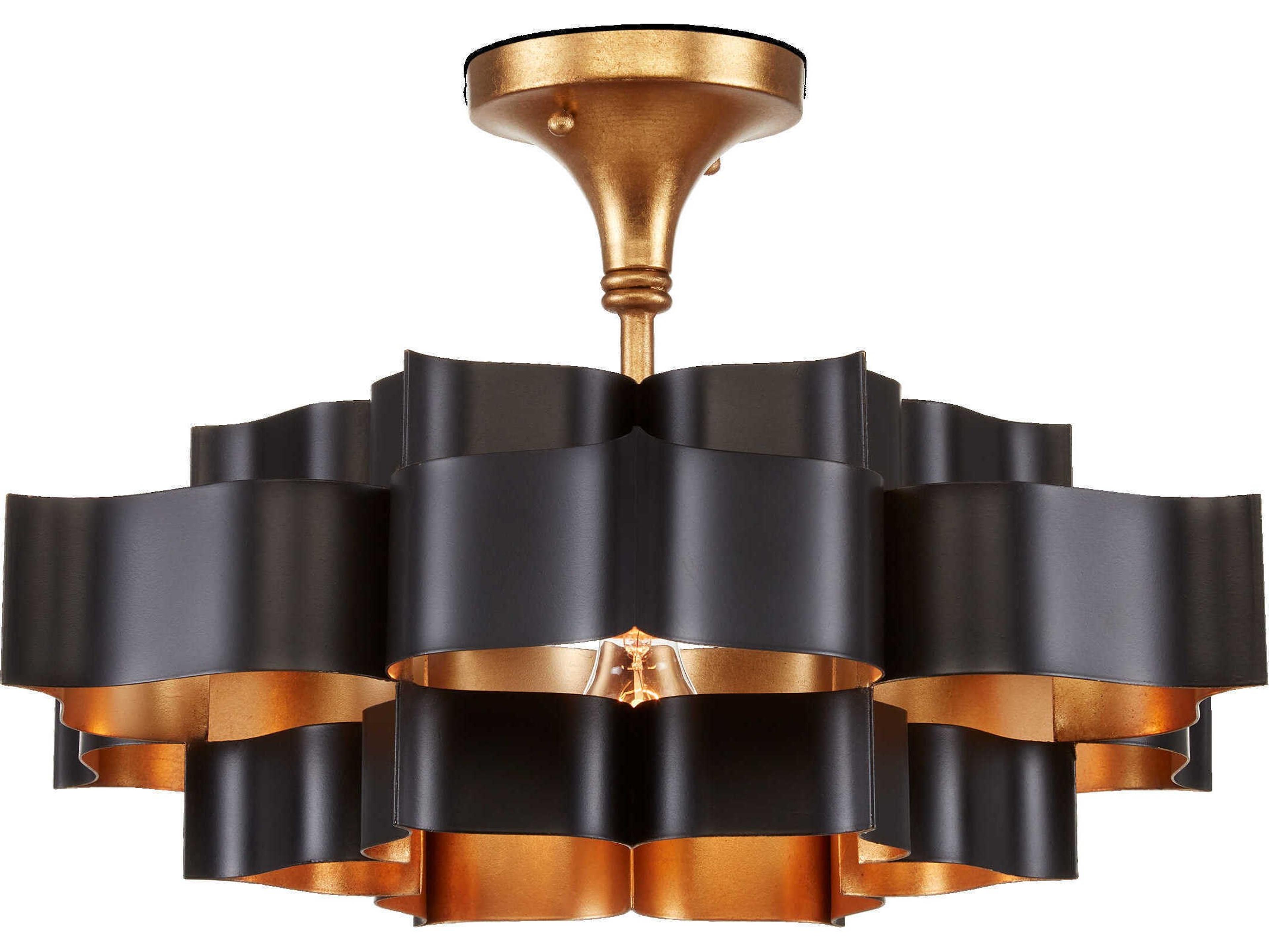 Currey & Company Grand Lotus 1-Light Satin Black Contemporary Gold Leaf Tiered Pendant