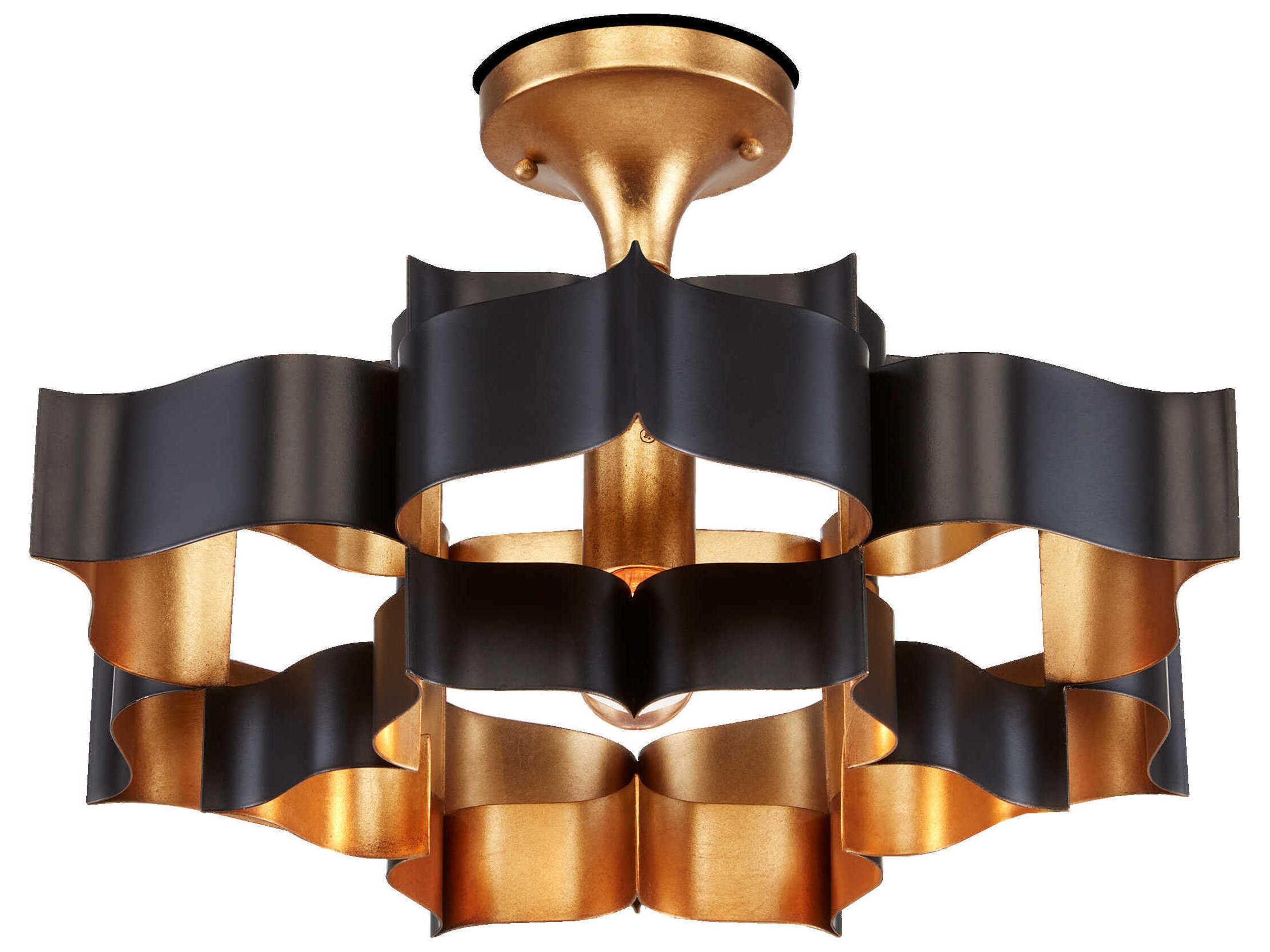 Currey & Company Grand Lotus 1-Light Satin Black Contemporary Gold Leaf Tiered Pendant