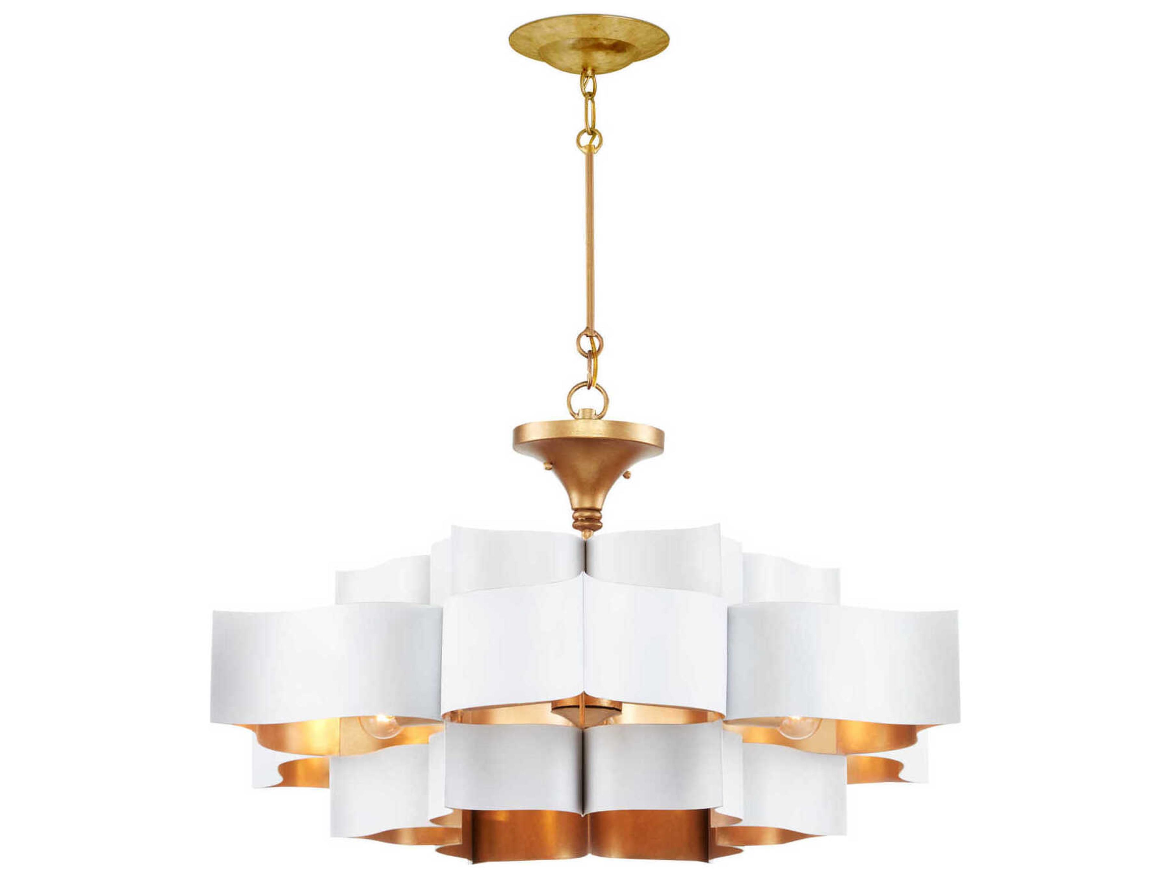 Currey & Company Grand Lotus 6-Light Sugar White Contemporary Gold Leaf Tiered Pendant