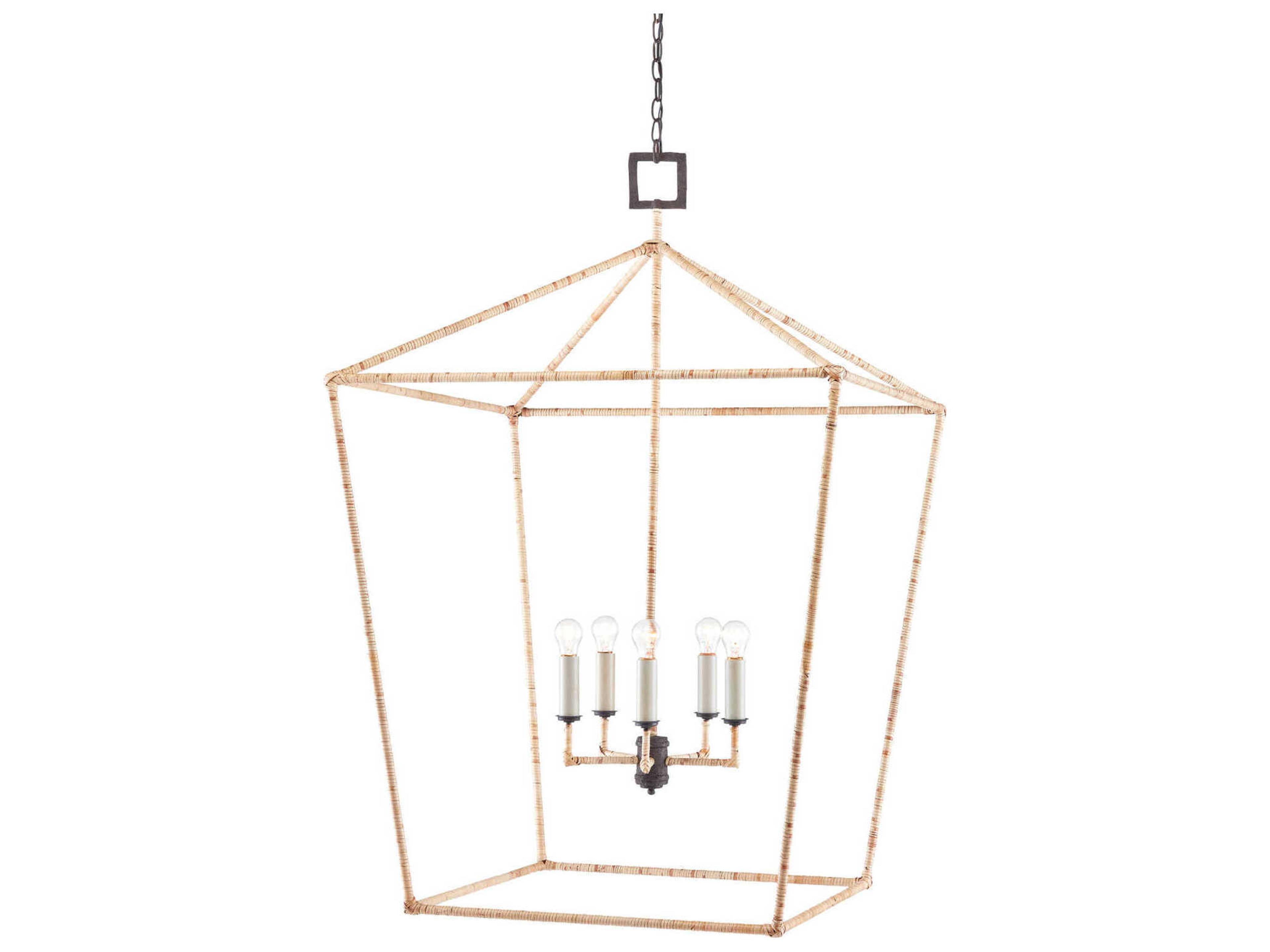 Denison 5-Light Mole Black Natural Rattan Brown Lantern Chandelier