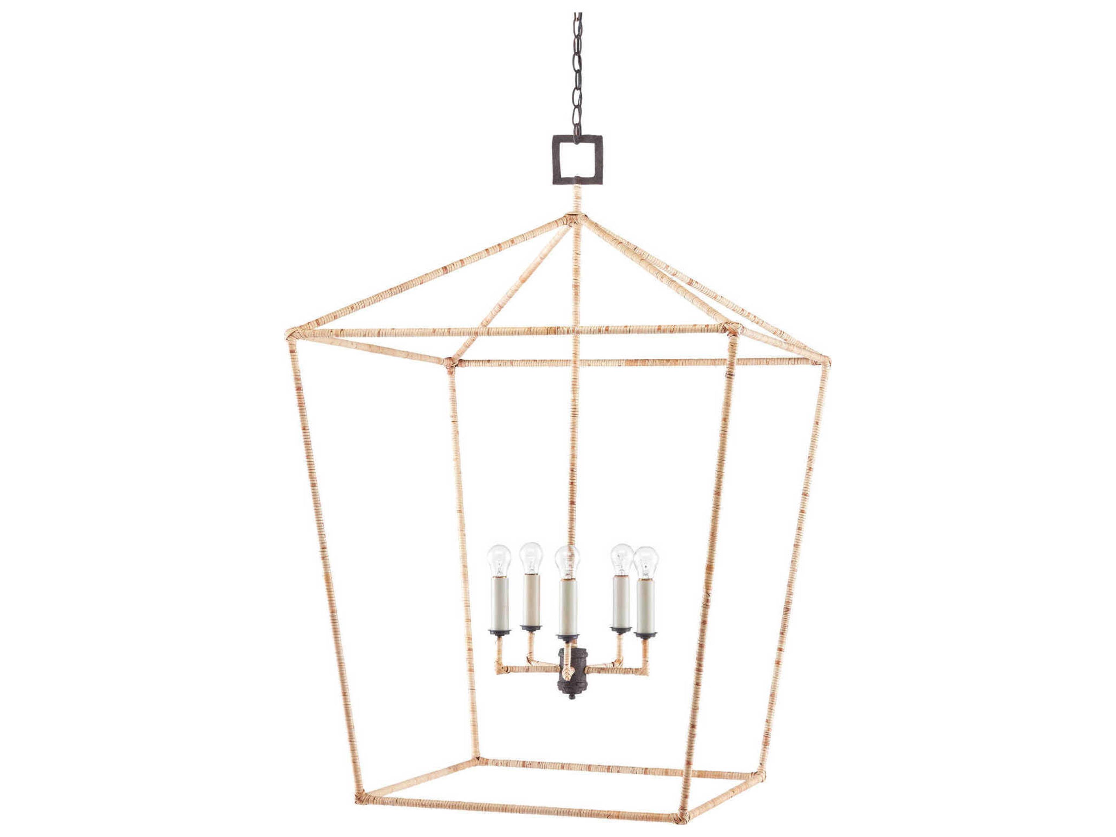 Currey & Company Denison 5-Light Mole Black Natural Rattan Brown Lantern Chandelier