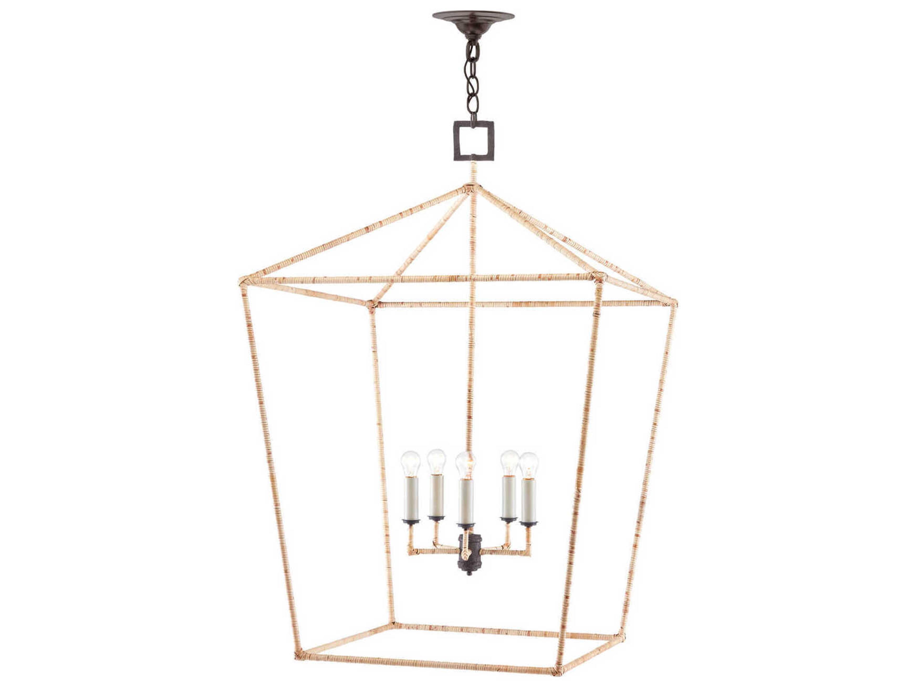 Currey & Company Denison 5-Light Mole Black Natural Rattan Brown Lantern Chandelier
