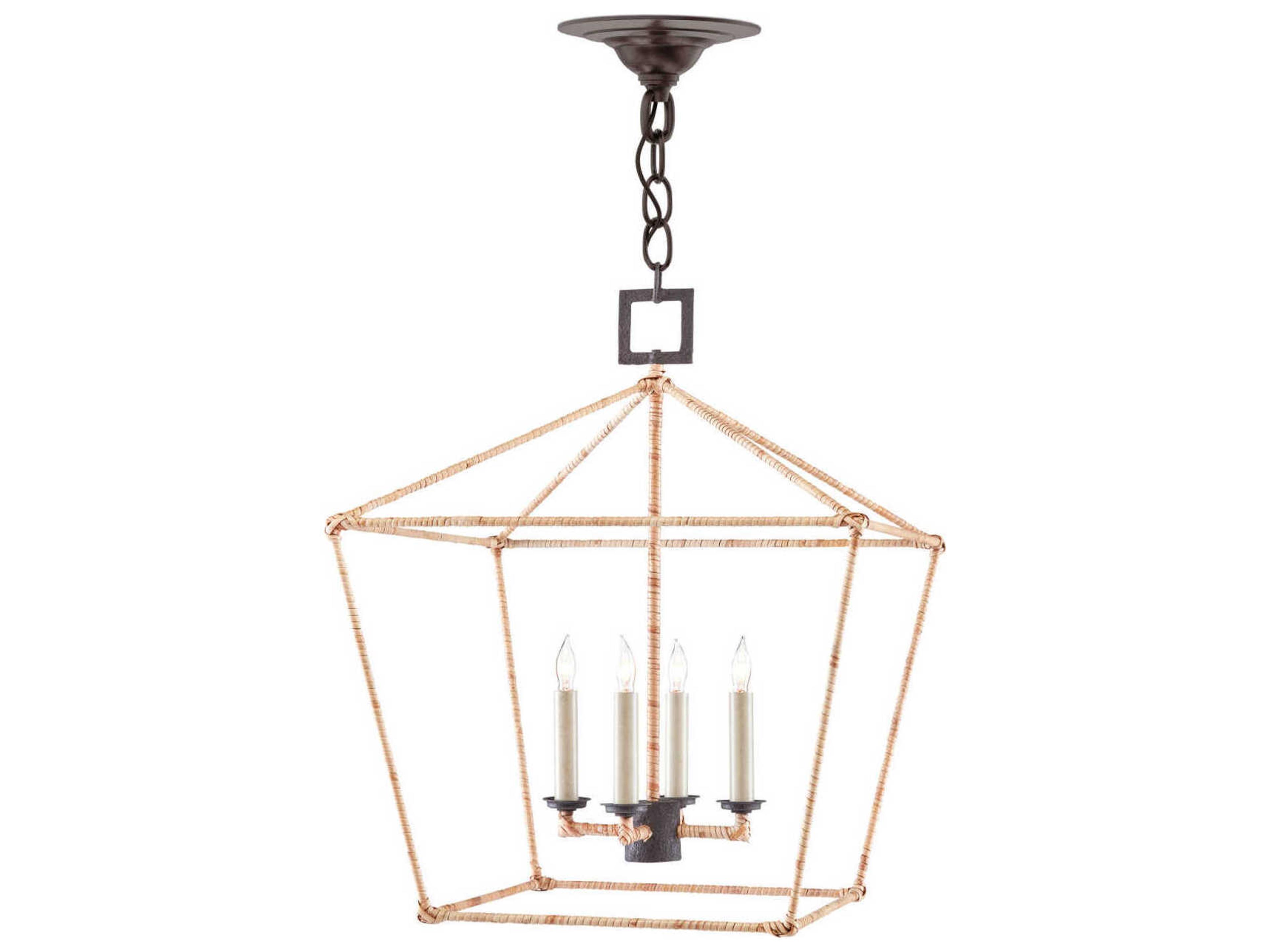 Currey & Company Denison 4-Light Mole Black Natural Rattan Lantern Chandelier