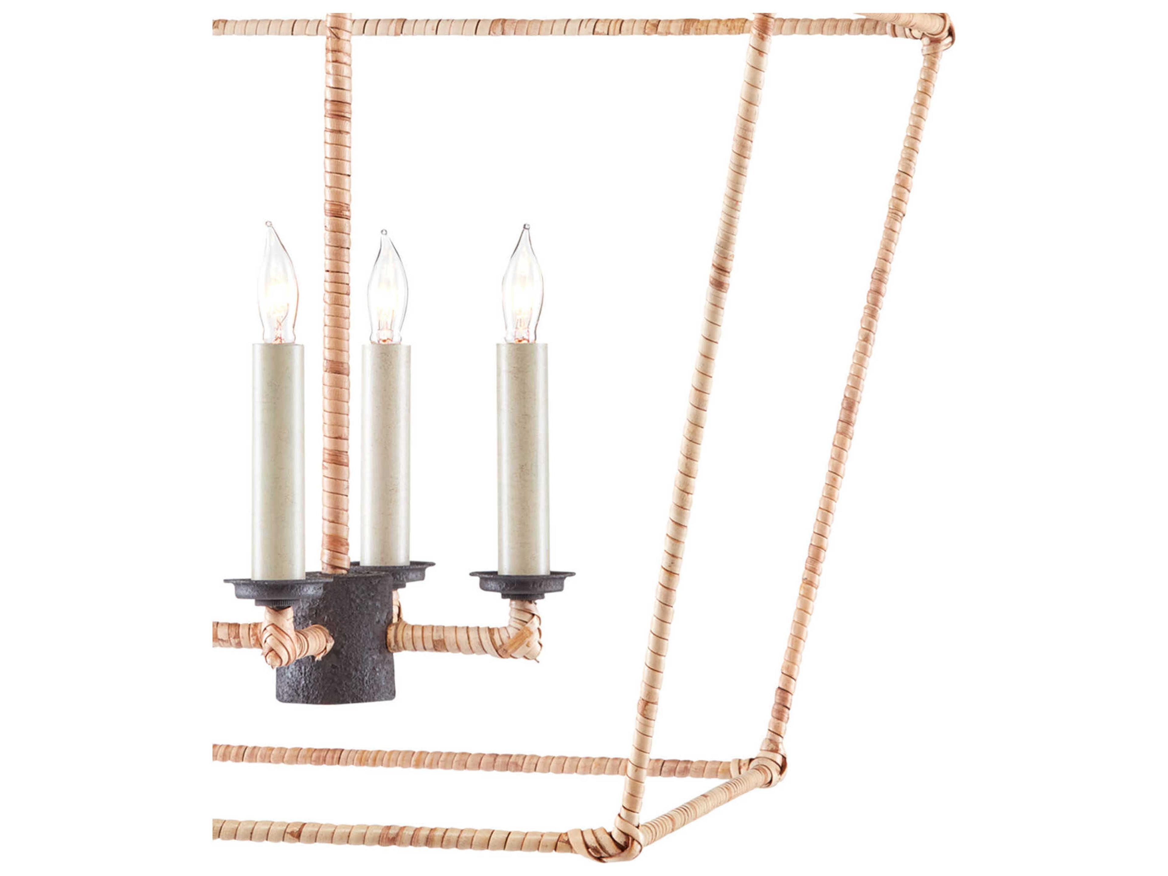 Currey & Company Denison 4-Light Mole Black Natural Rattan Lantern Chandelier