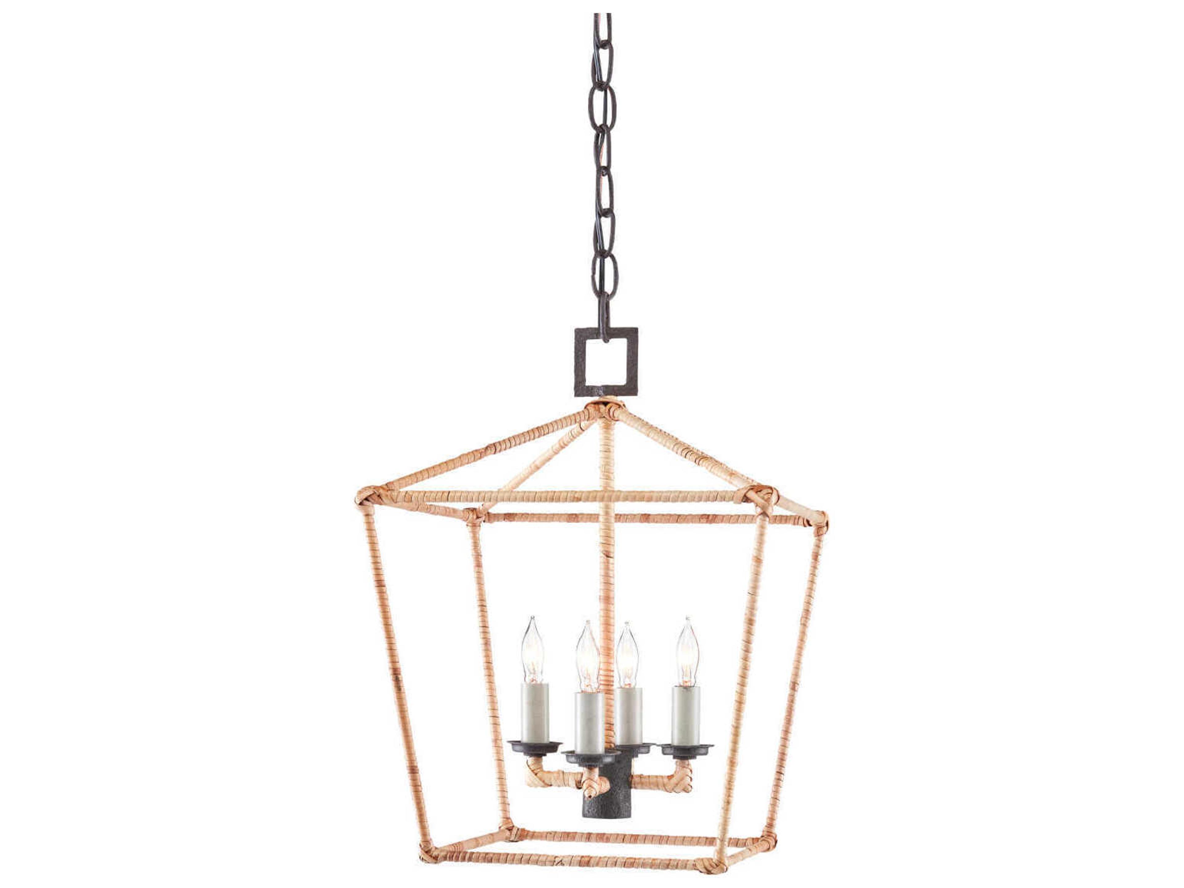 Denison 4-Light Mole Black Natural Rattan Brown Lantern Chandelier
