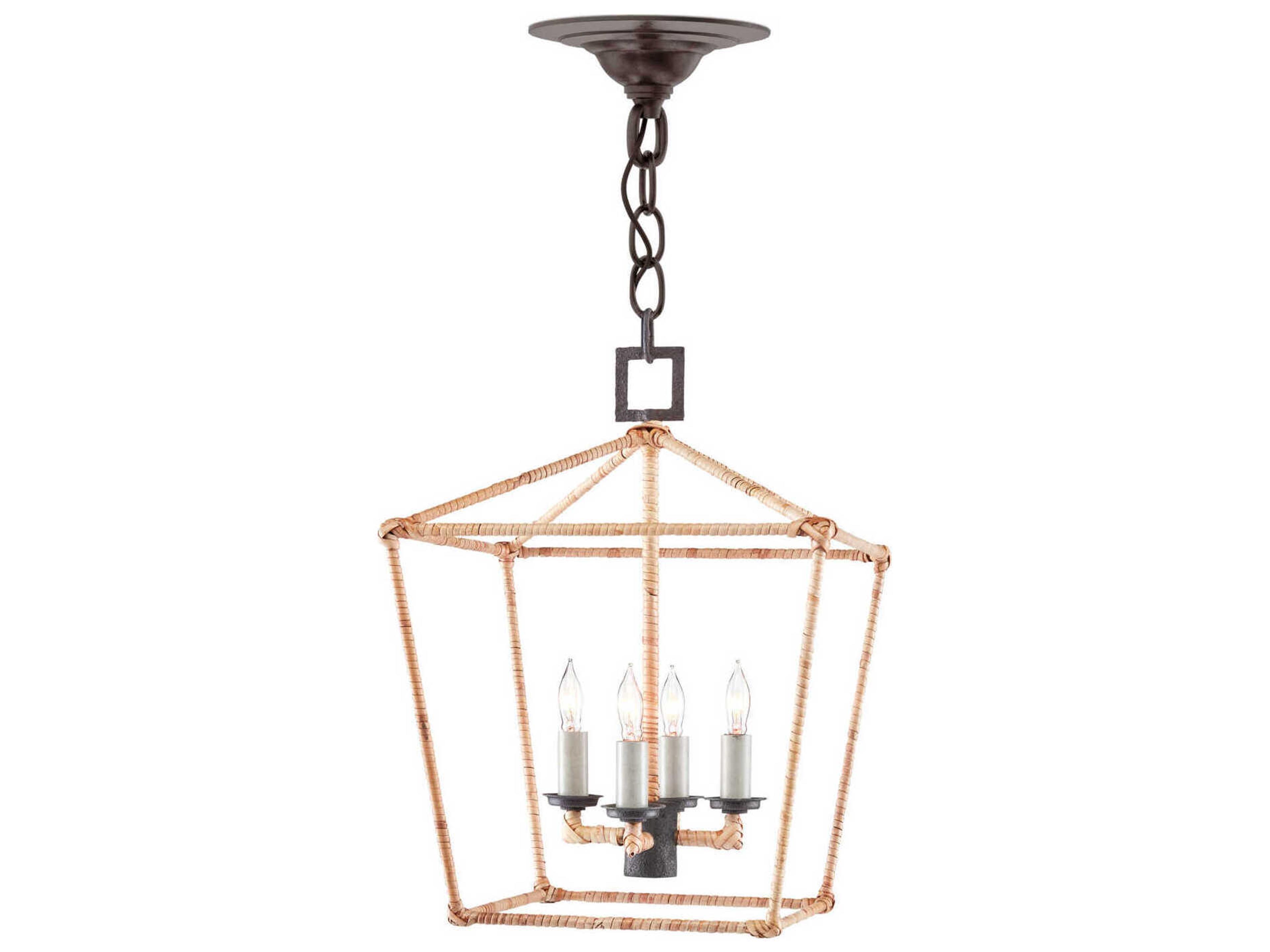 Currey & Company Denison 4-Light Mole Black Natural Rattan Brown Lantern Chandelier