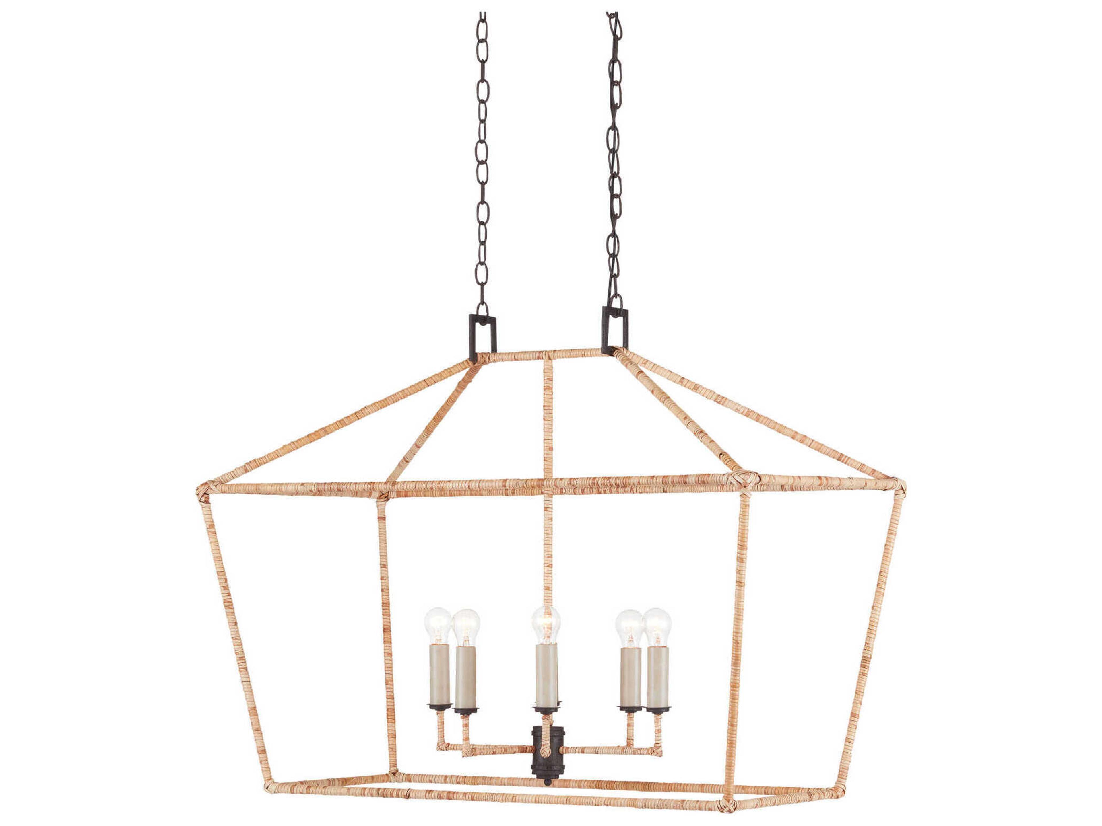 Currey & Company Denison 6-Light Mole Black Natural Rattan Brown Island Pendant