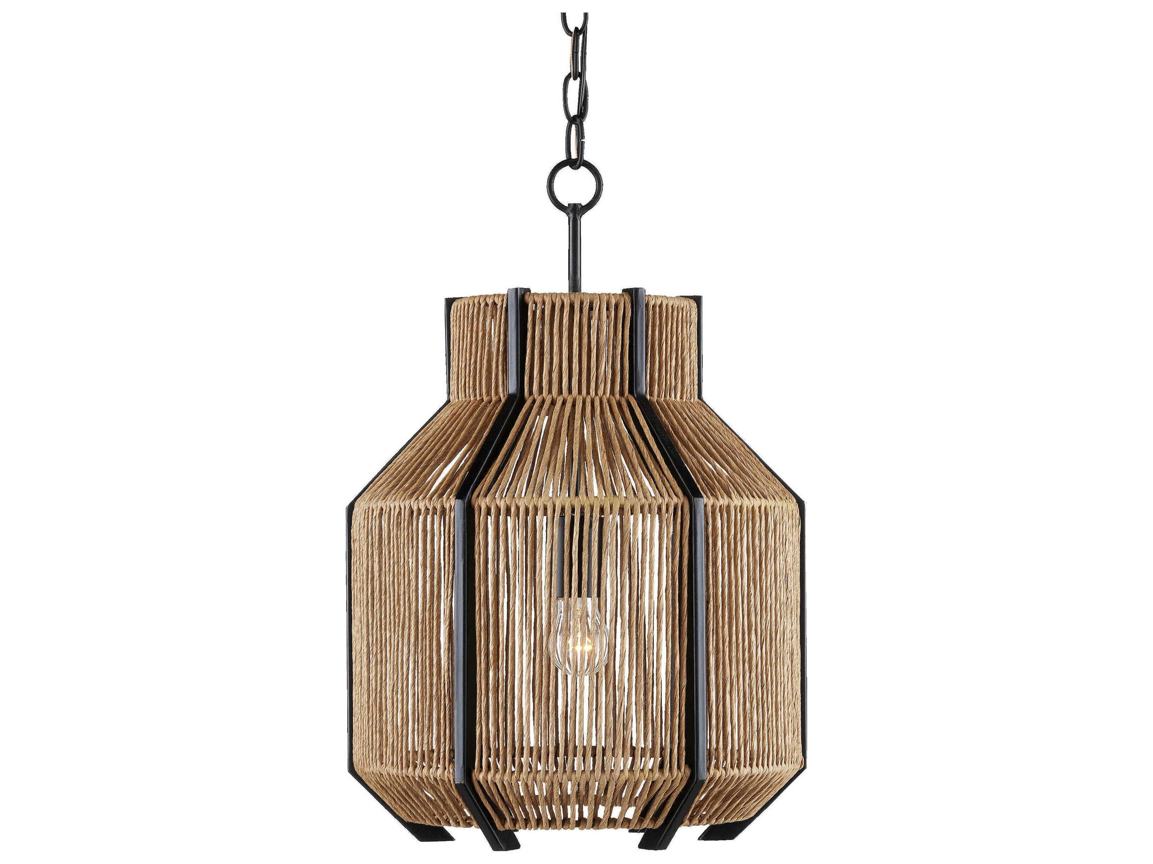 Currey & Company Mali 1-Light Satin Black Khaki Kraft Paper Twine Brown Pendant