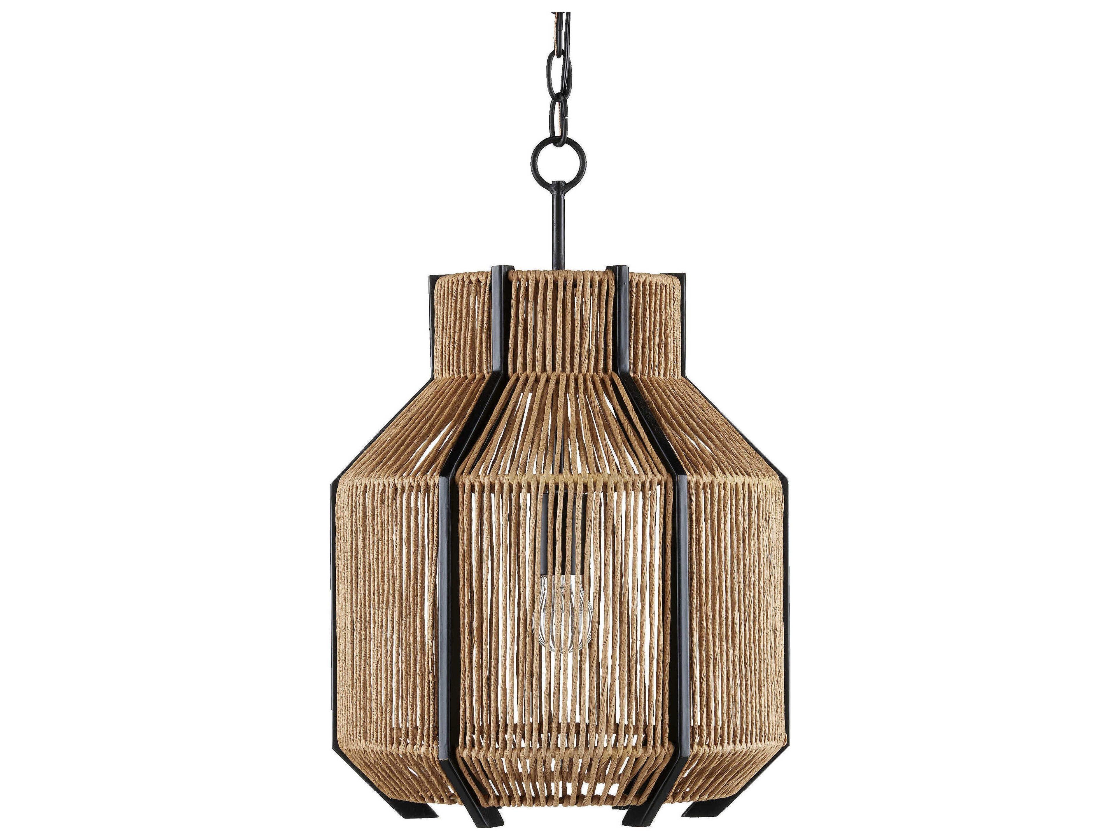 Currey & Company Mali 1-Light Satin Black Khaki Kraft Paper Twine Brown Pendant