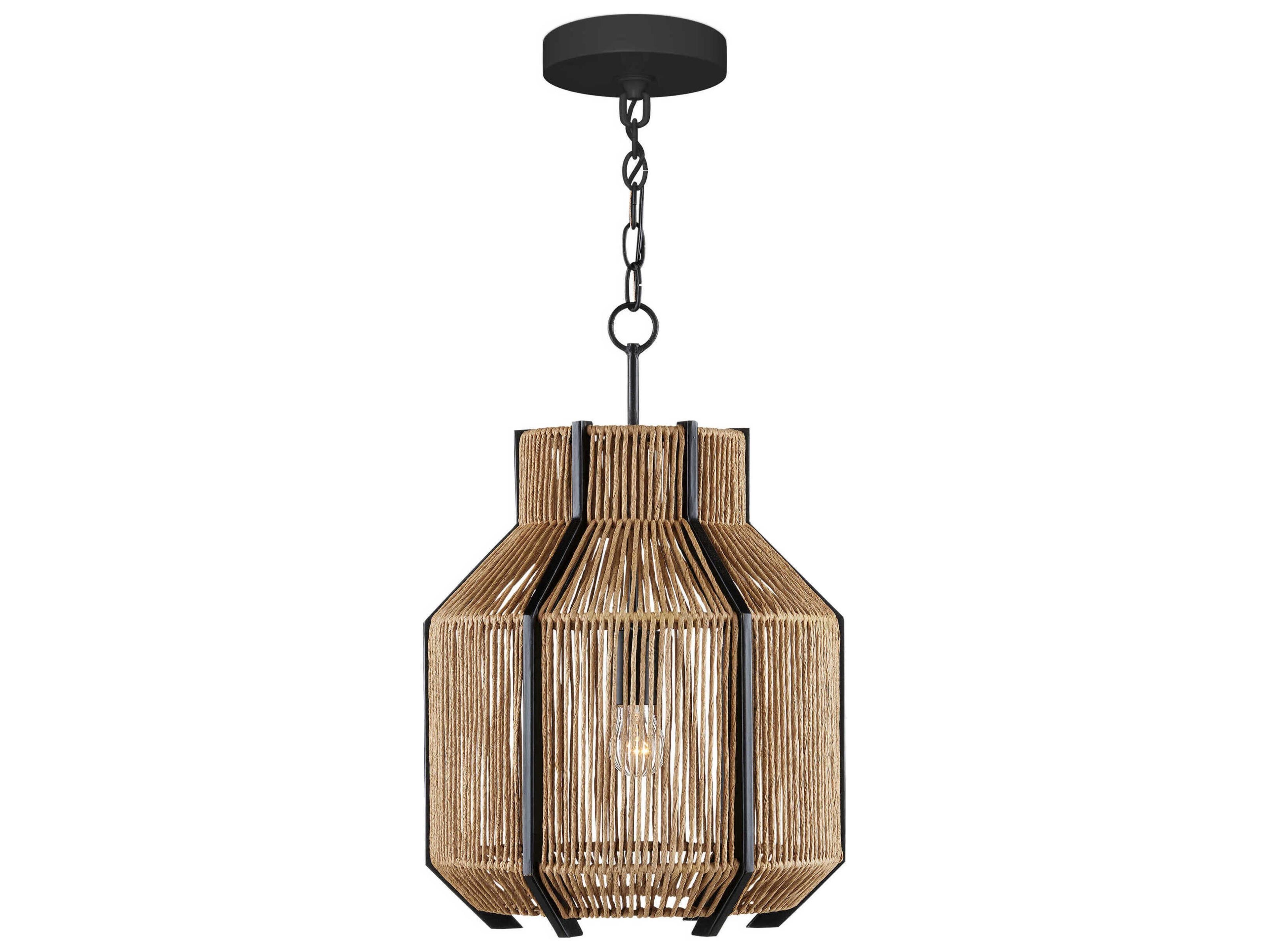 Currey & Company Mali 1-Light Satin Black Khaki Kraft Paper Twine Brown Pendant