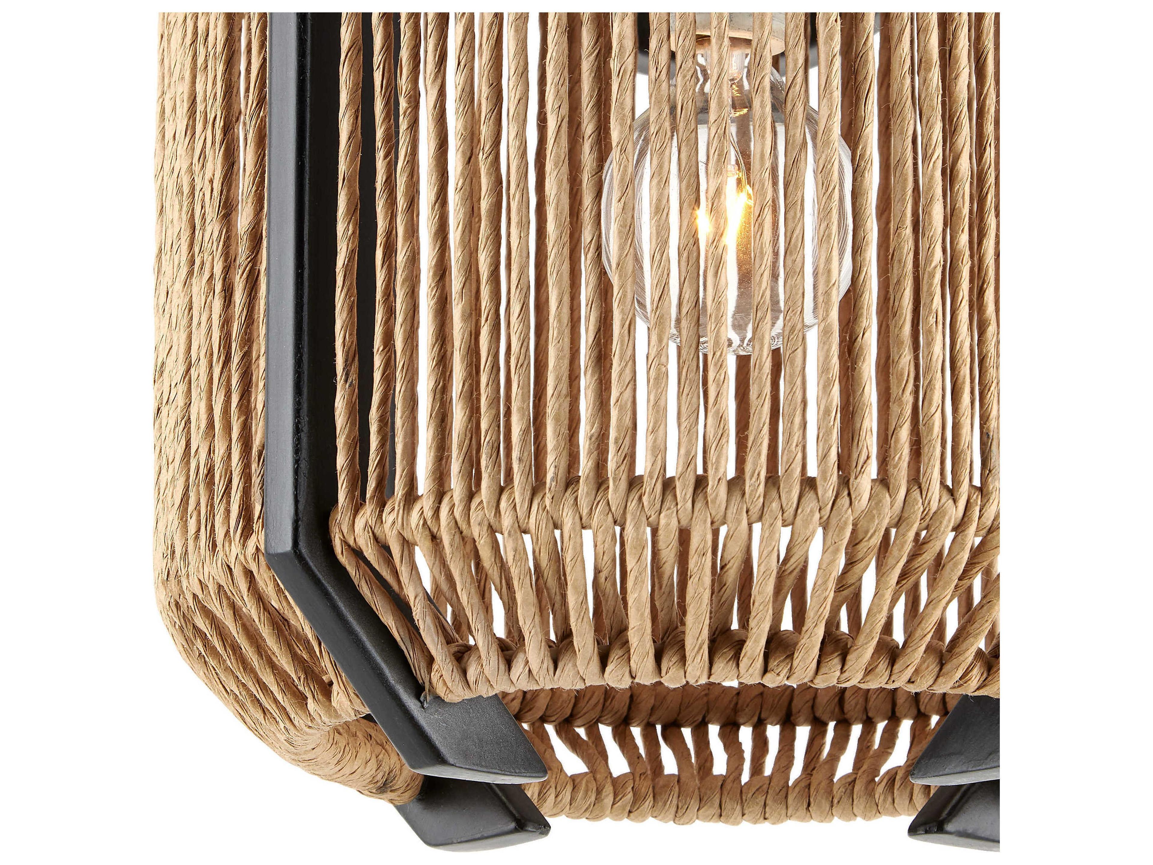 Currey & Company Mali 1-Light Satin Black Khaki Kraft Paper Twine Brown Pendant