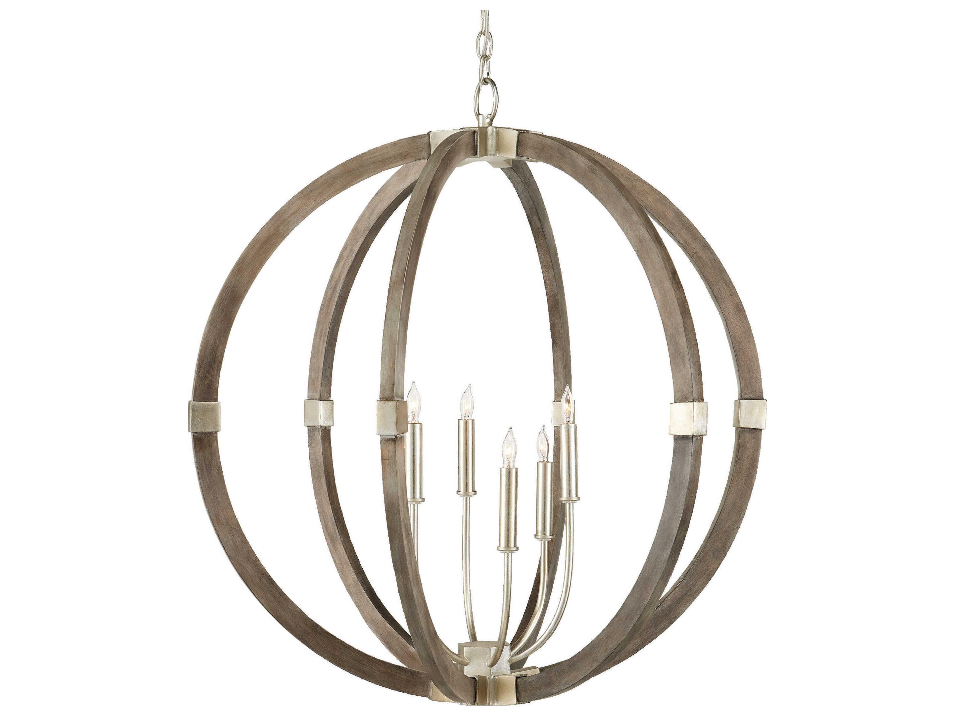 Currey & Company Bastian 6-Light Chateau Gray Contemporary Silver Leaf Candelabra Round Chandelier