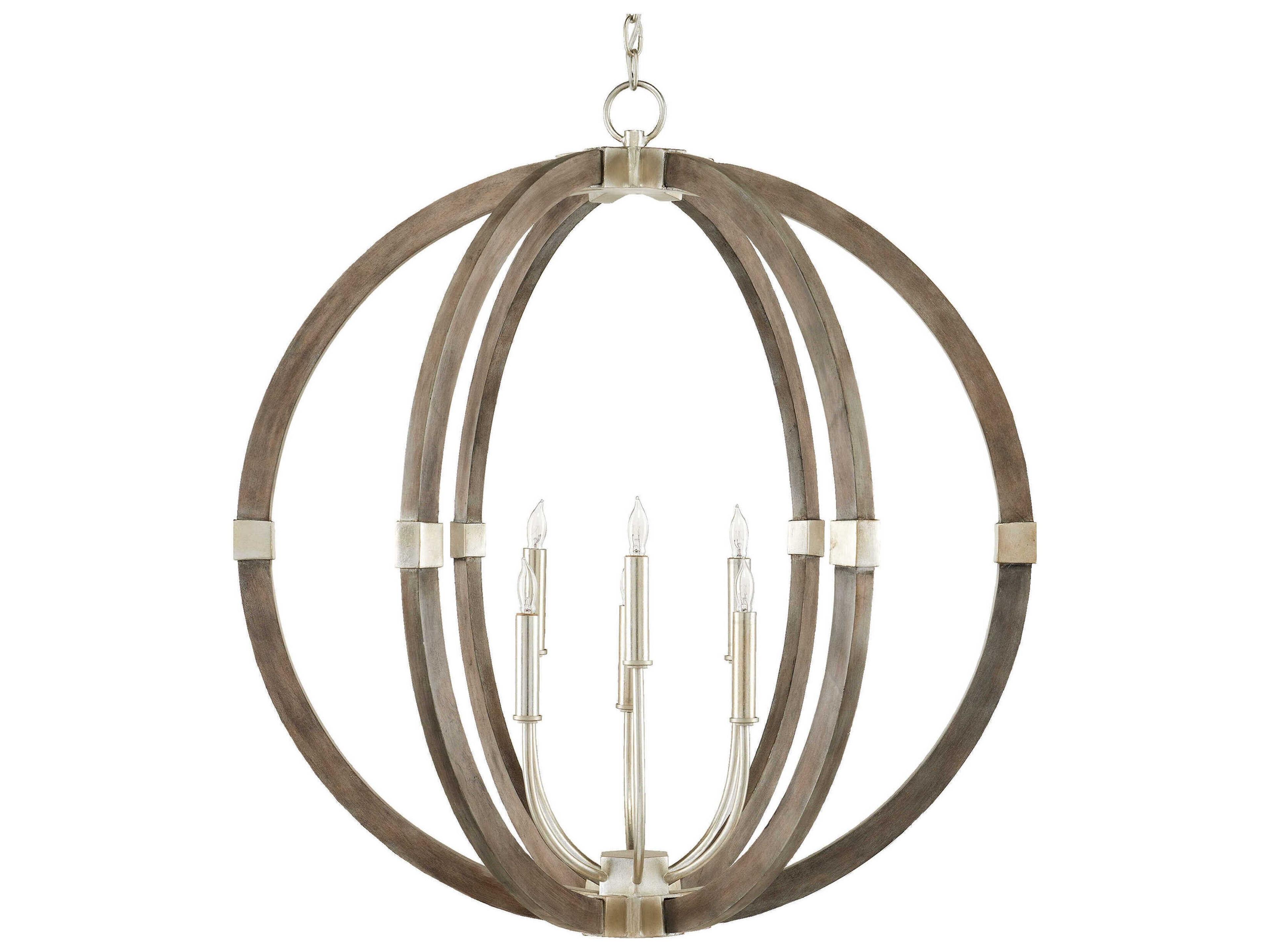 Currey & Company Bastian 6-Light Chateau Gray Contemporary Silver Leaf Candelabra Round Chandelier
