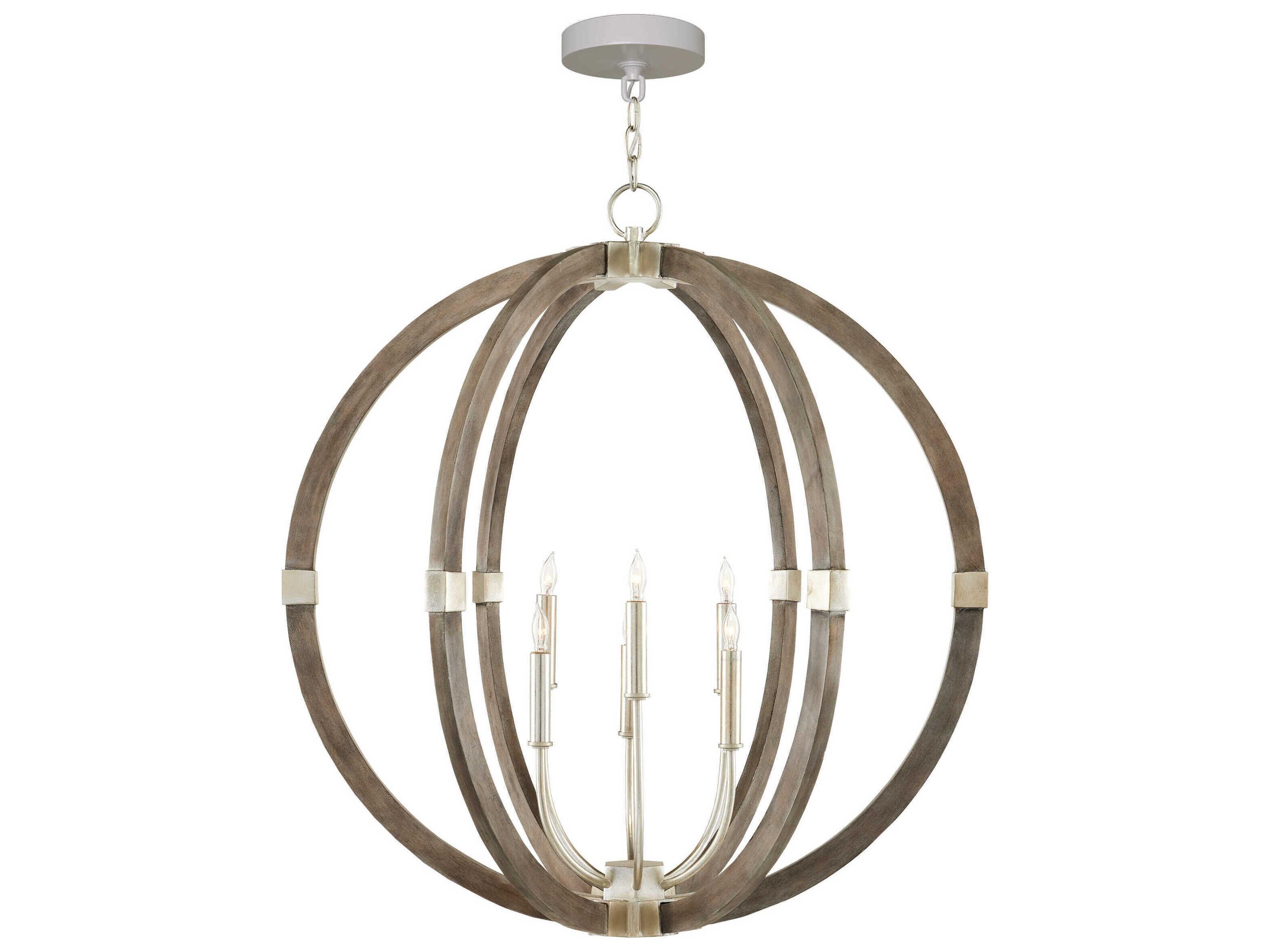 Currey & Company Bastian 6-Light Chateau Gray Contemporary Silver Leaf Candelabra Round Chandelier