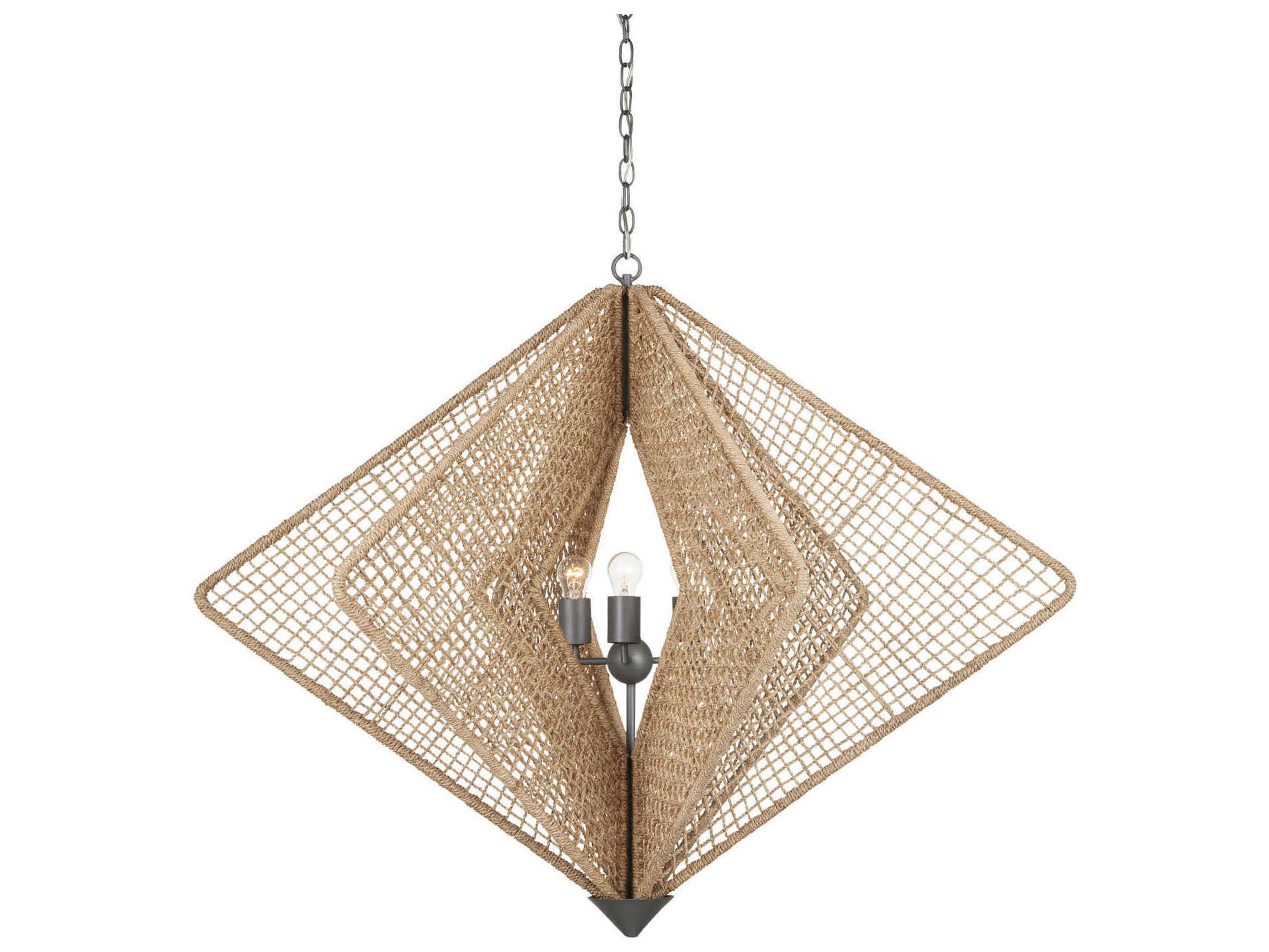 Currey & Company Shizen 3-Light Natural Rope hiroshi Gray Brown Geometric Linear Chandelier