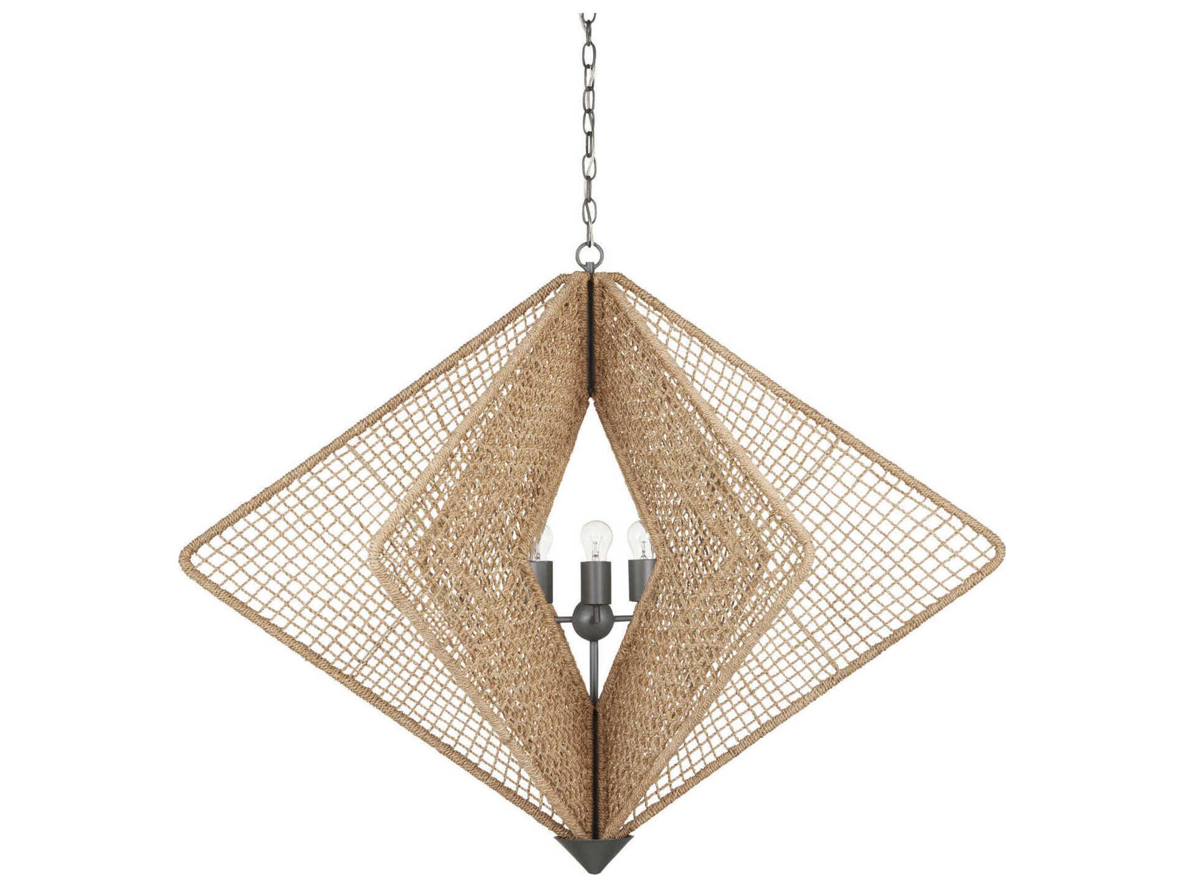 Currey & Company Shizen 3-Light Natural Rope hiroshi Gray Brown Geometric Linear Chandelier