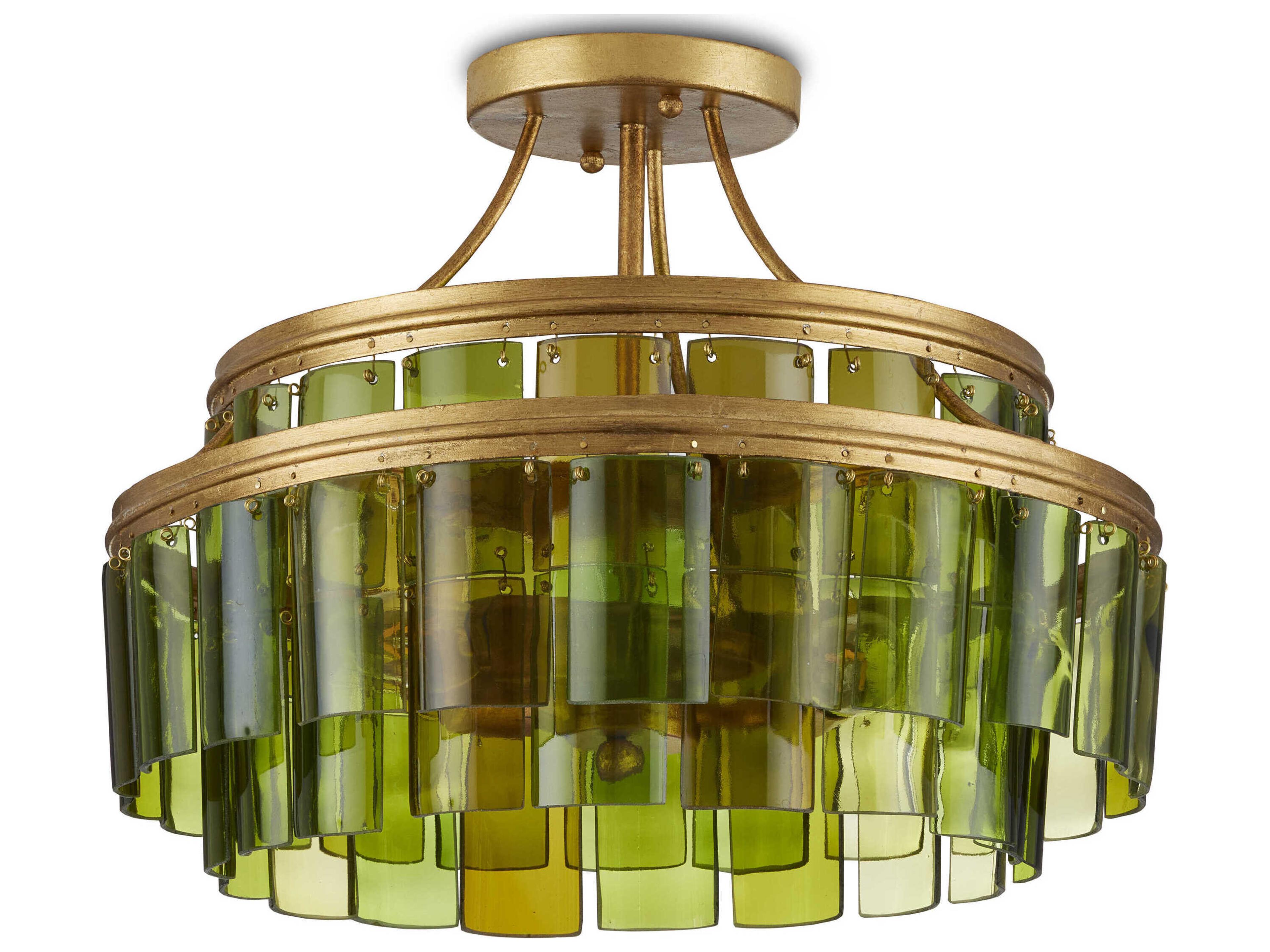 Currey & Company Vintner 3-Light Contemporary Gold Leaf Green Drum Semi Flush Mount