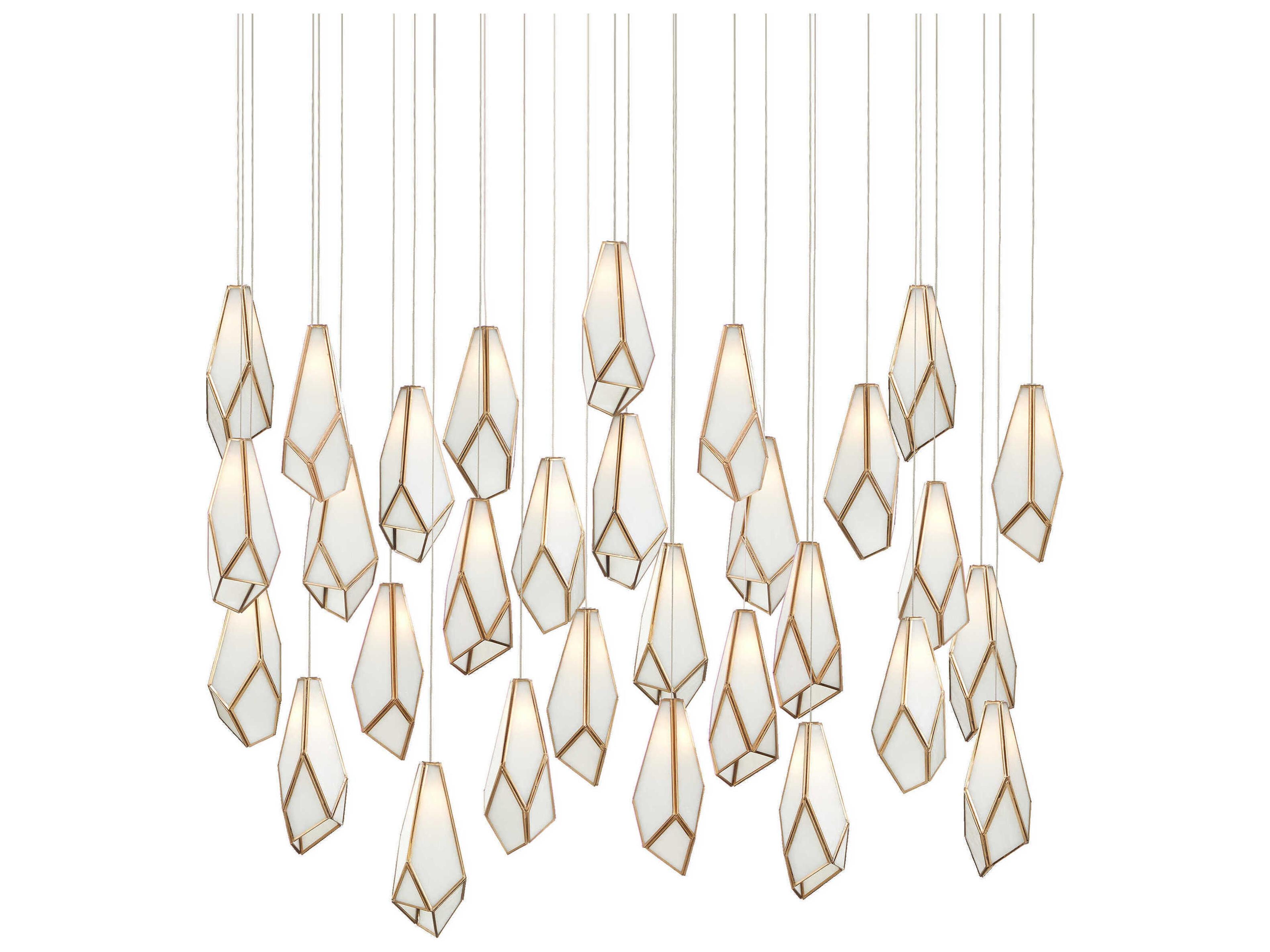 Currey & Company Glace 30-Light White Antique Brass Silver Glass Geometric Tiered Island Pendant