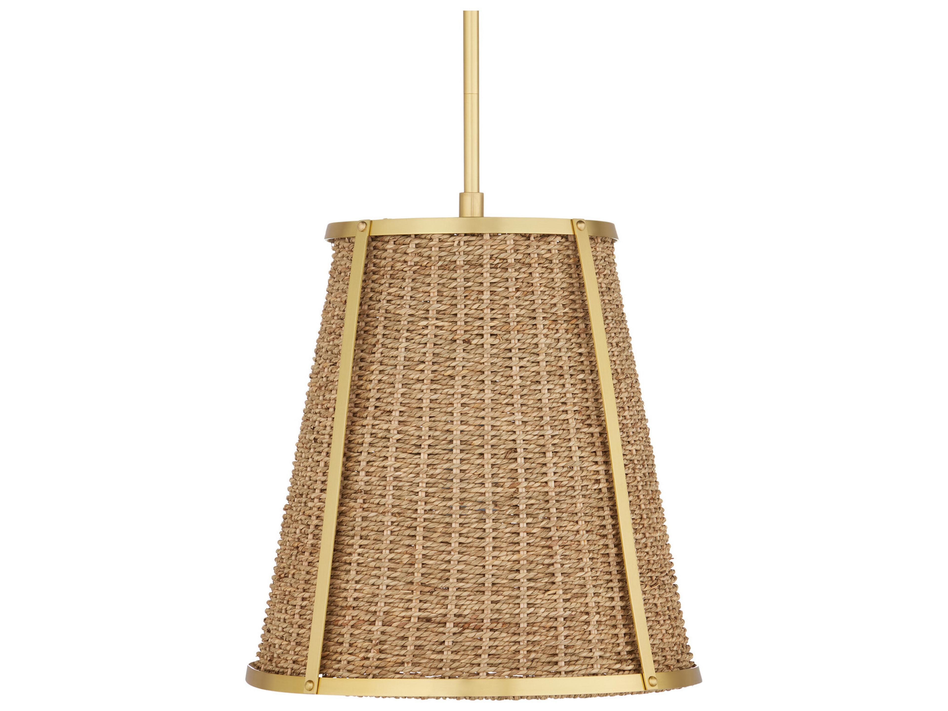 Currey & Company Deauville 1-Light Natural Polished Brass Brown Drum Pendant