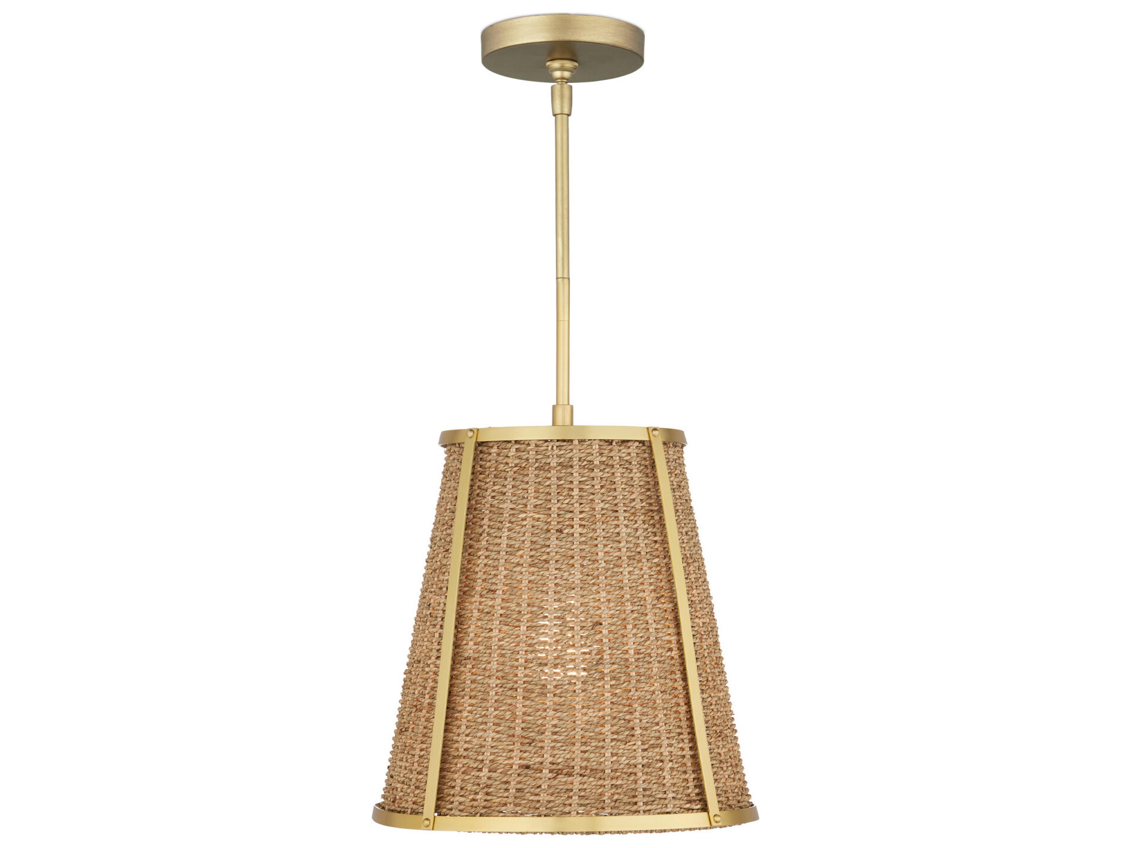 Currey & Company Deauville 1-Light Natural Polished Brass Brown Drum Pendant