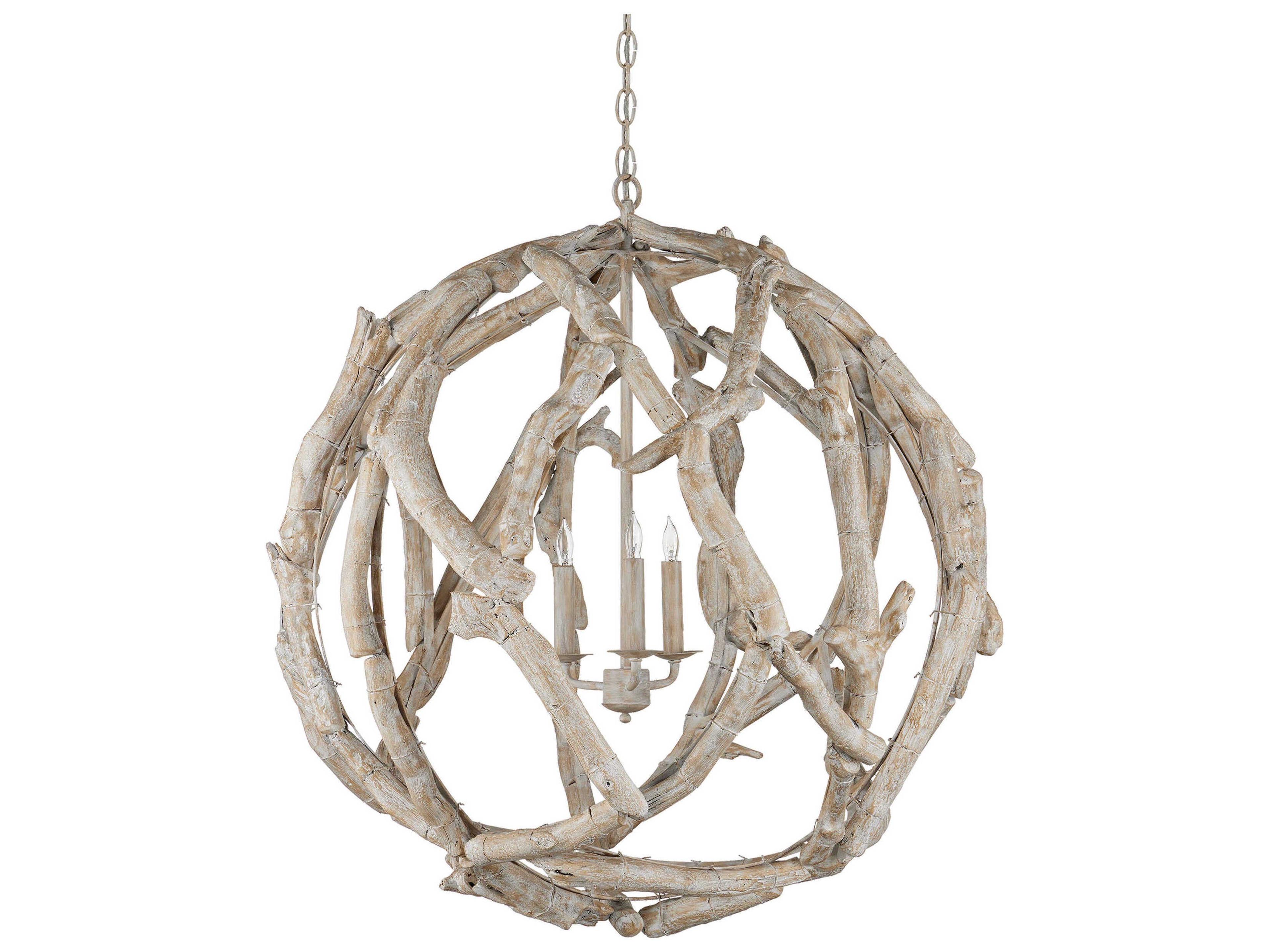 Currey & Company Driftwood 3-Light Whitewashed Driftwood Globe Chandelier