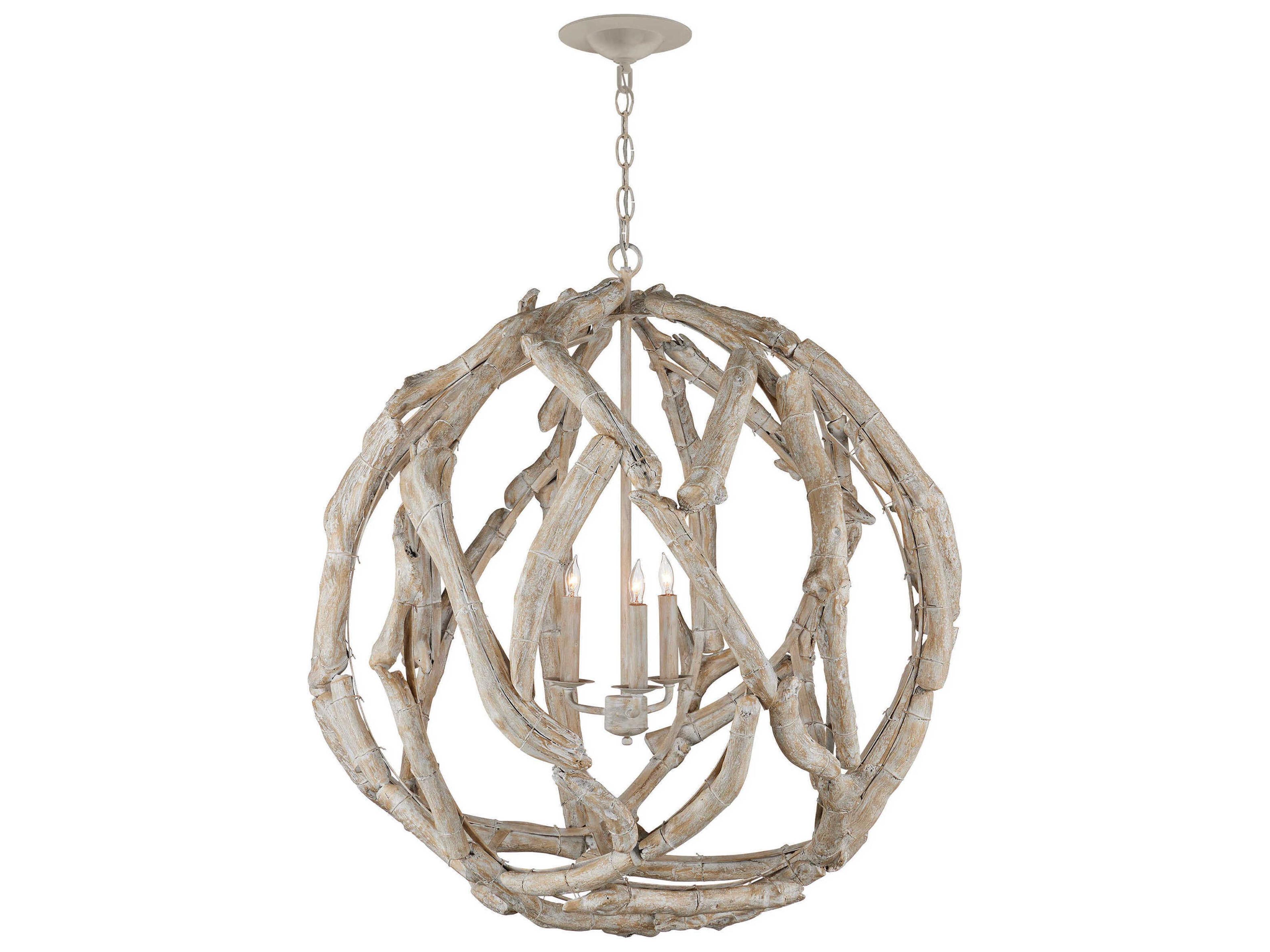 Currey & Company Driftwood 3-Light Whitewashed Driftwood Globe Chandelier