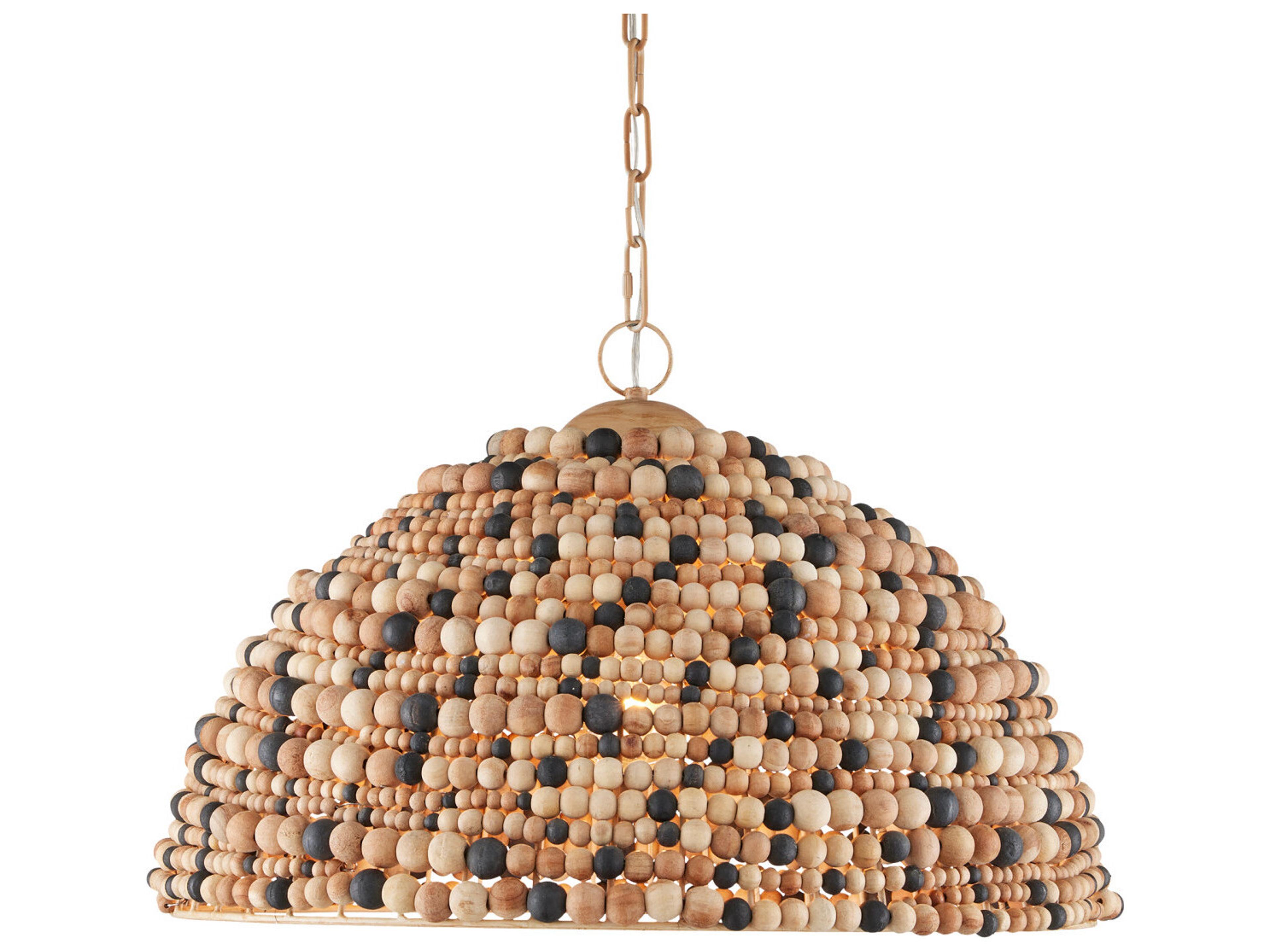 Currey & Company Medley 1-Light Natural Tan Black Coco Cream Wood Dome Pendant
