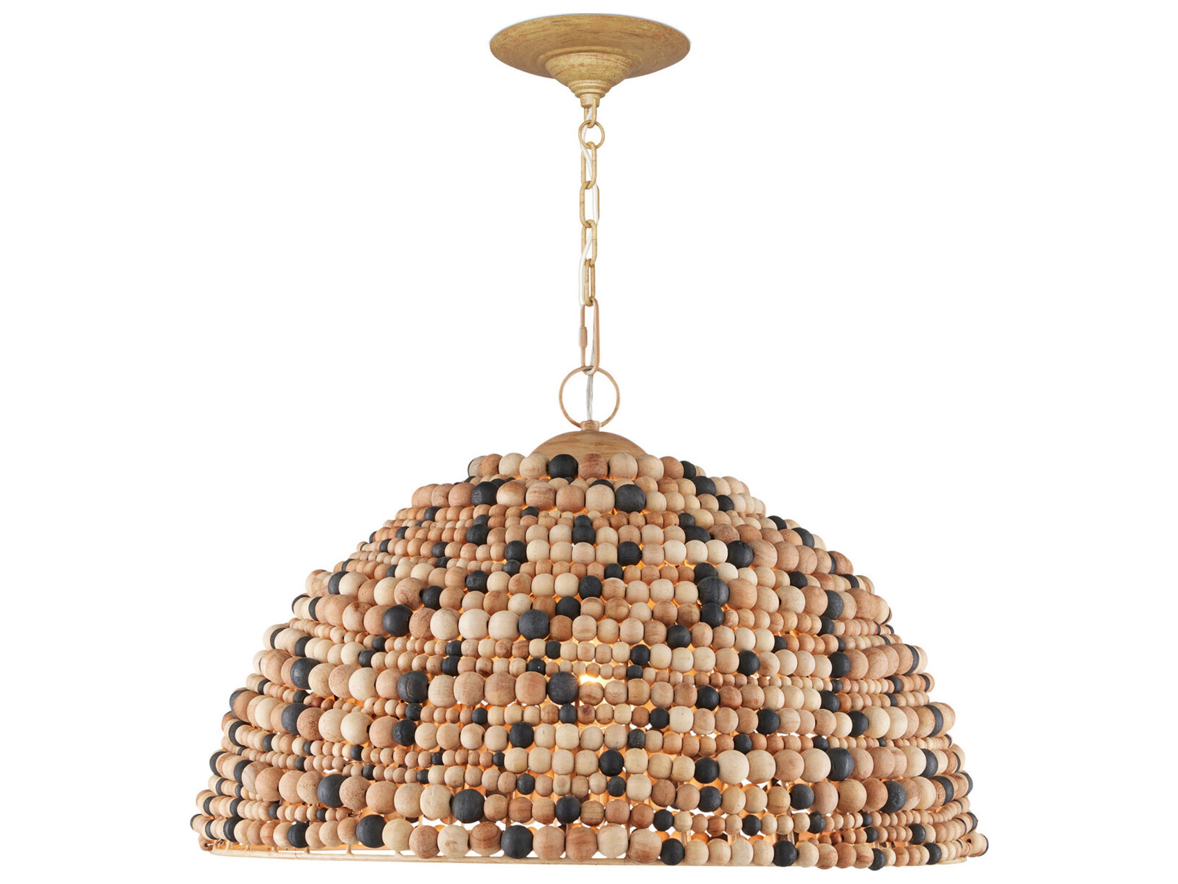 Currey & Company Medley 1-Light Natural Tan Black Coco Cream Wood Dome Pendant