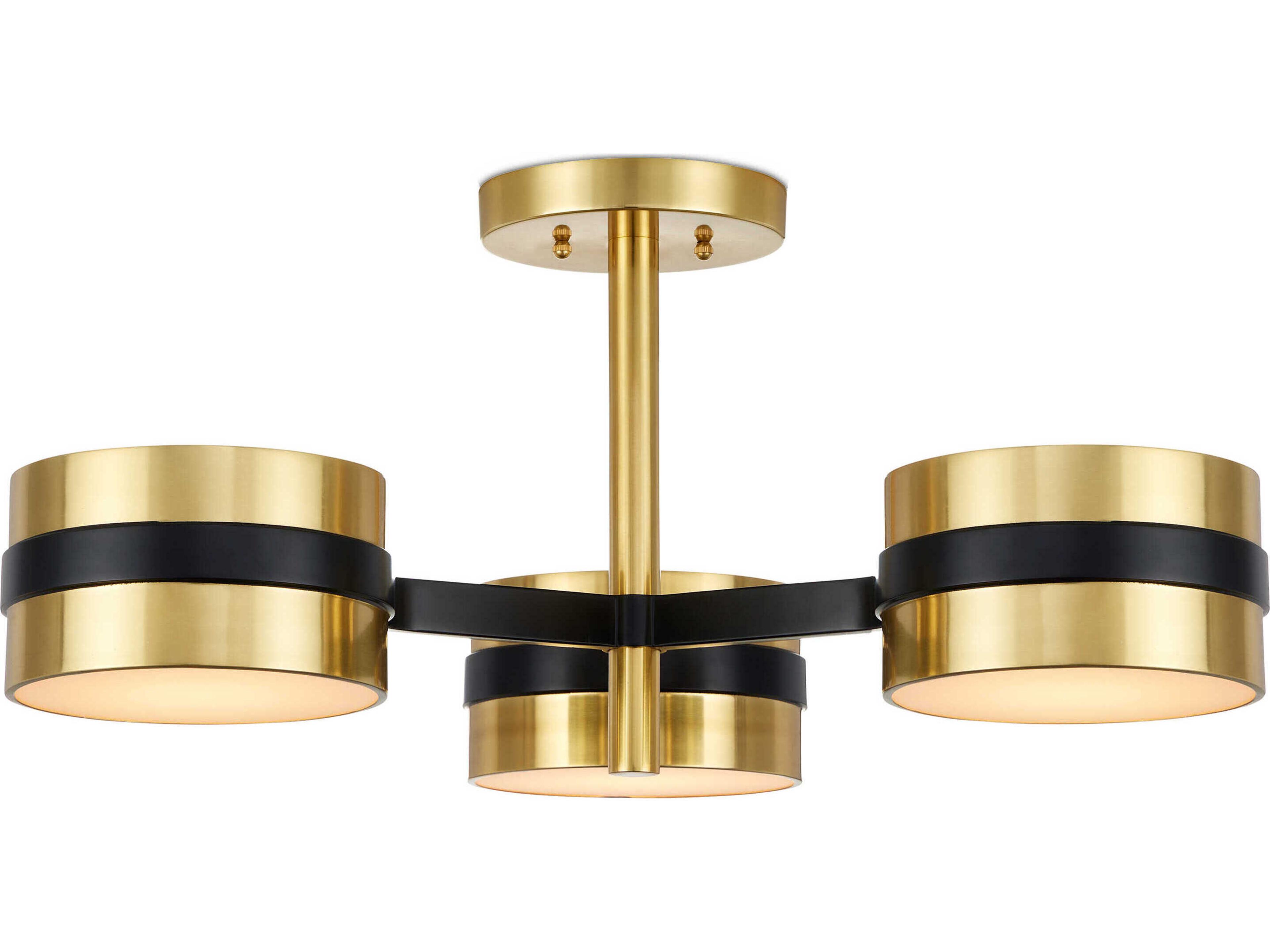 Currey & Company Heybrook 3-Light Polished Brass Black White Cylinder Semi Flush Mount