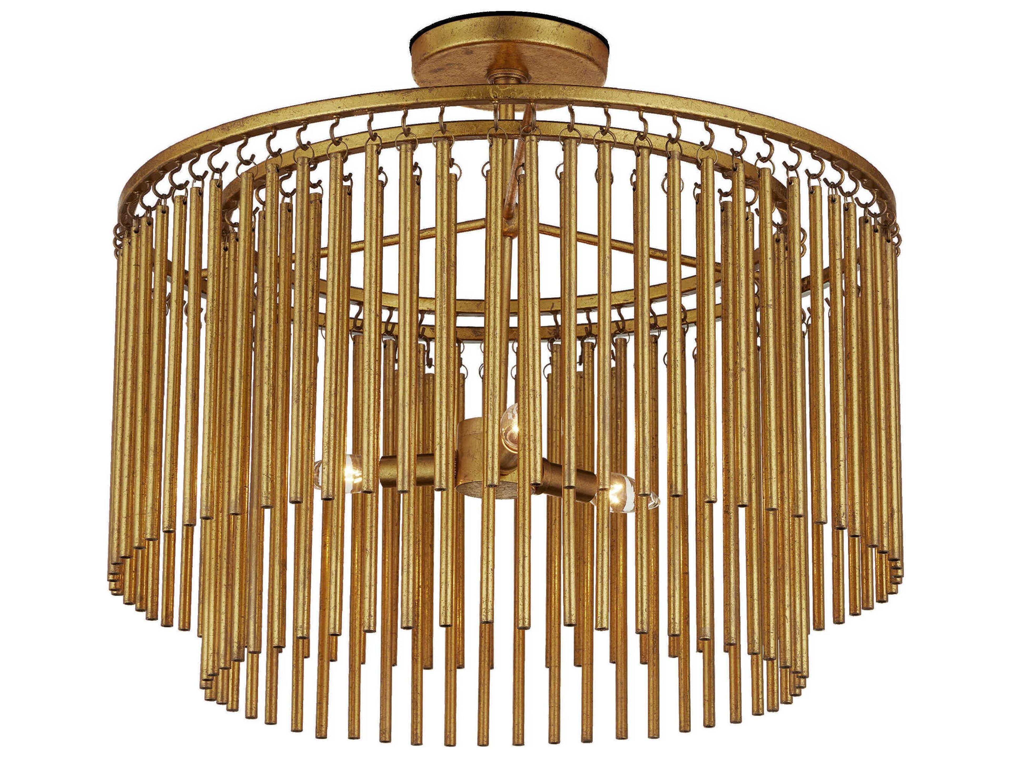 Currey & Company Mantra 3-Light Gold Leaf Cylinder Round Semi Flush Mount