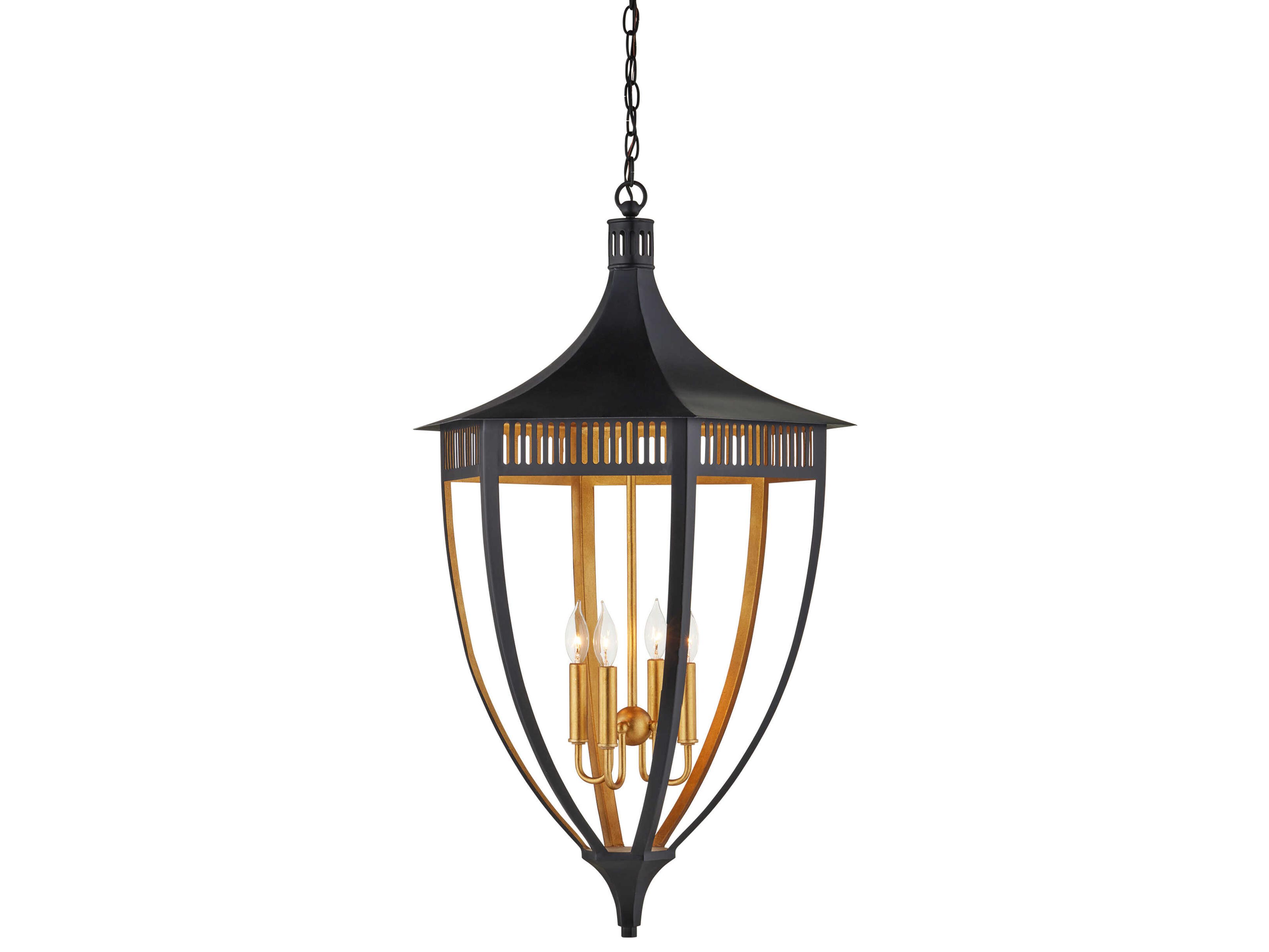 Currey & Company Wycombe 4-Light Satin Black Contemporary Gold Leaf Lantern Pendant