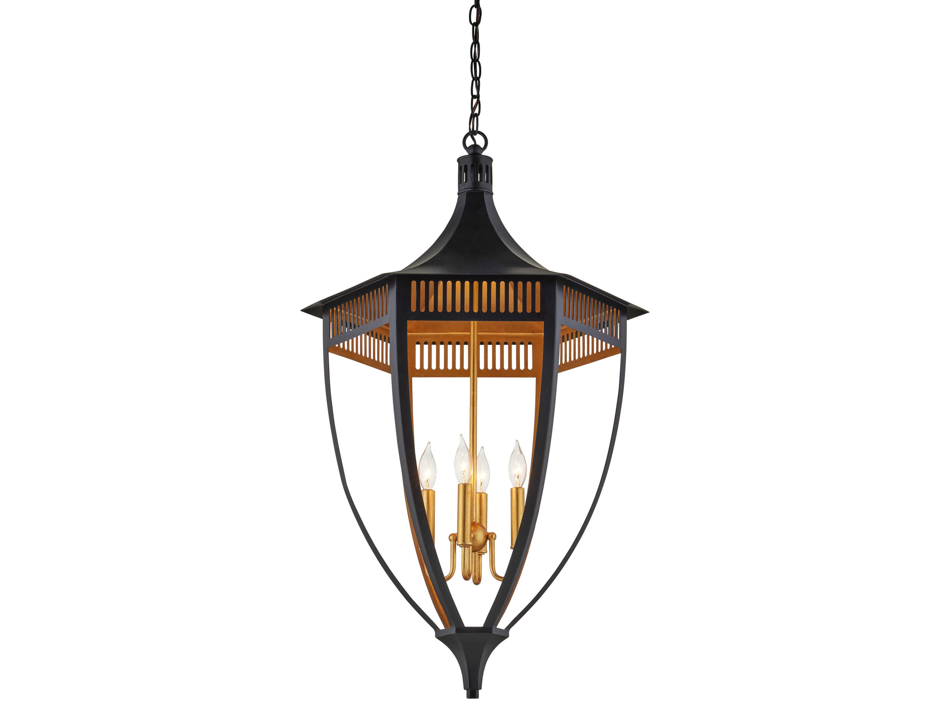 Currey & Company Wycombe 4-Light Satin Black Contemporary Gold Leaf Lantern Pendant