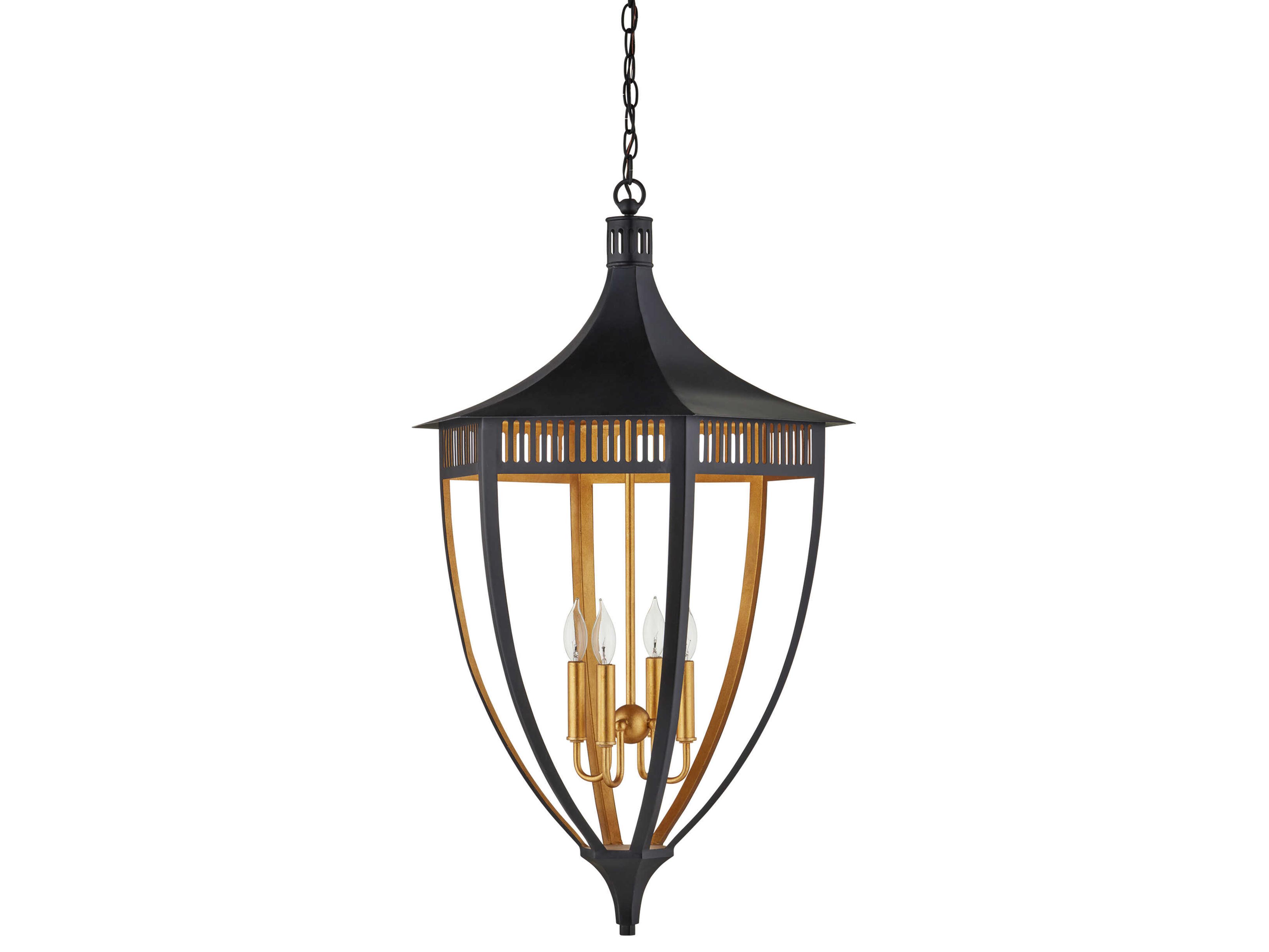 Currey & Company Wycombe 4-Light Satin Black Contemporary Gold Leaf Lantern Pendant