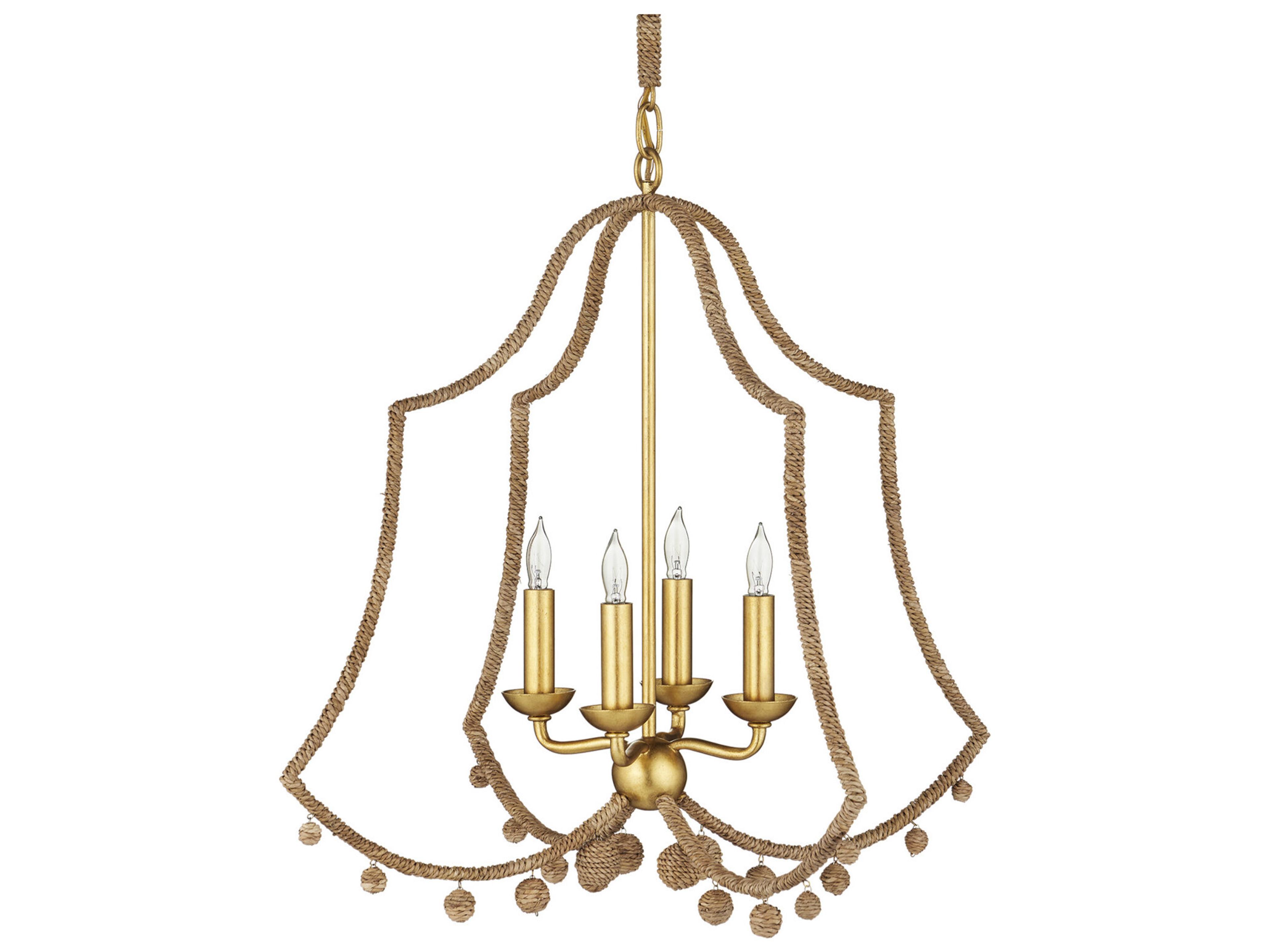 Currey & Company Nimes 4-Light Natural Rope Contemporary Gold Leaf Candelabra Chandelier
