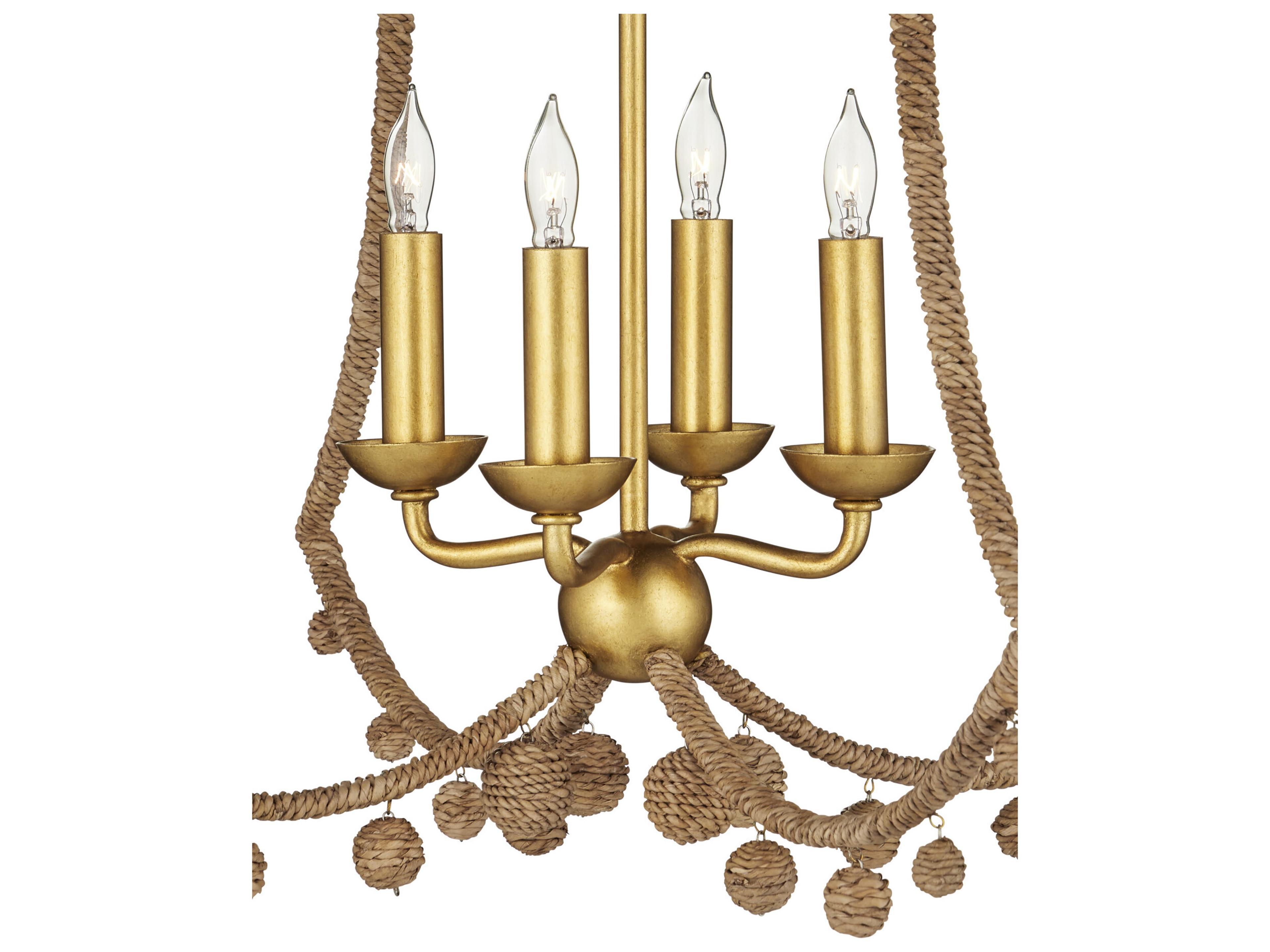 Currey & Company Nimes 4-Light Natural Rope Contemporary Gold Leaf Candelabra Chandelier