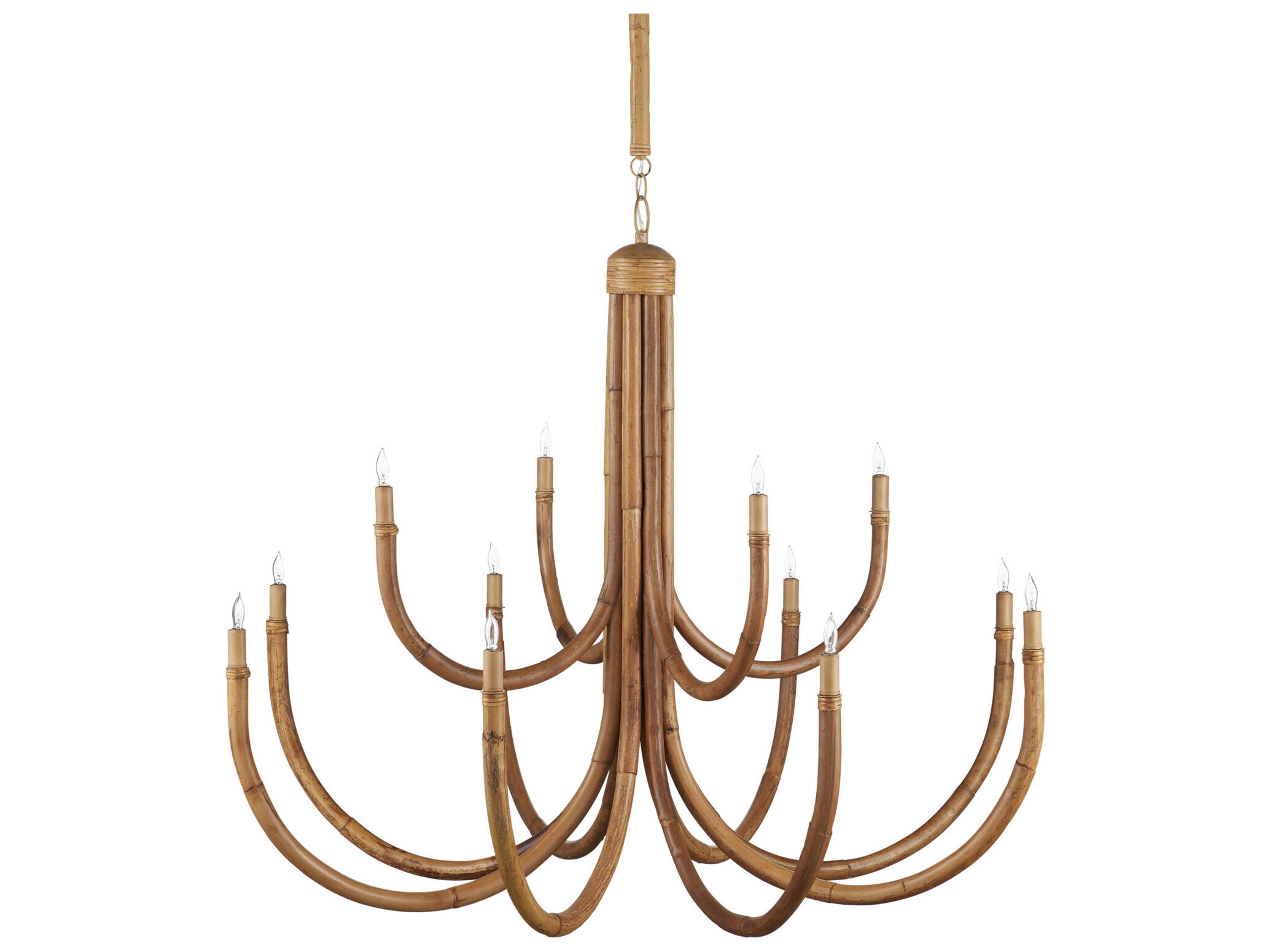 Currey & Company Samsara 12-Light Natural Saddle Tan Brown Candelabra Tiered Chandelier