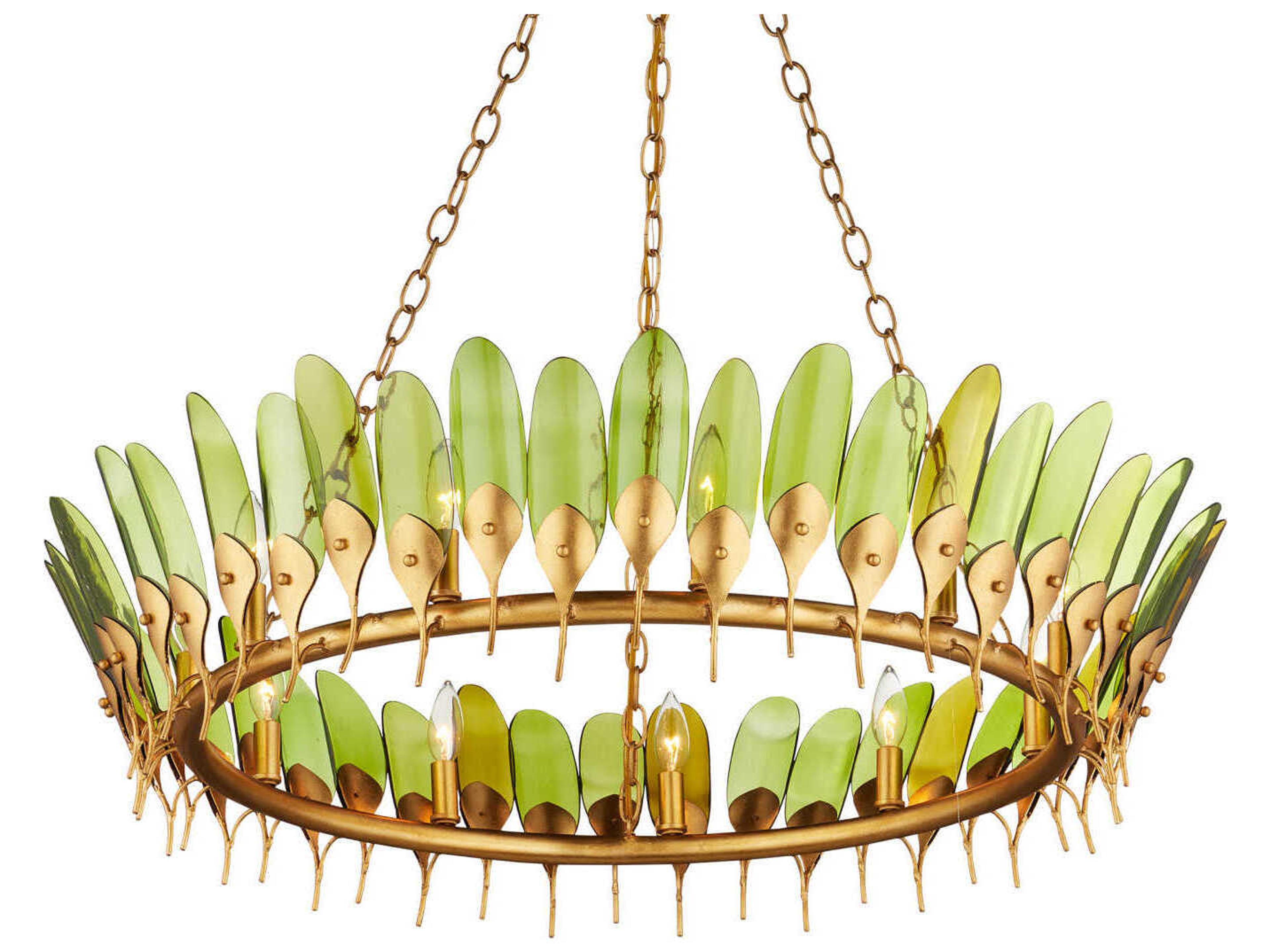 Selavy 11-Light Green Contemporary Gold Leaf Round Chandelier