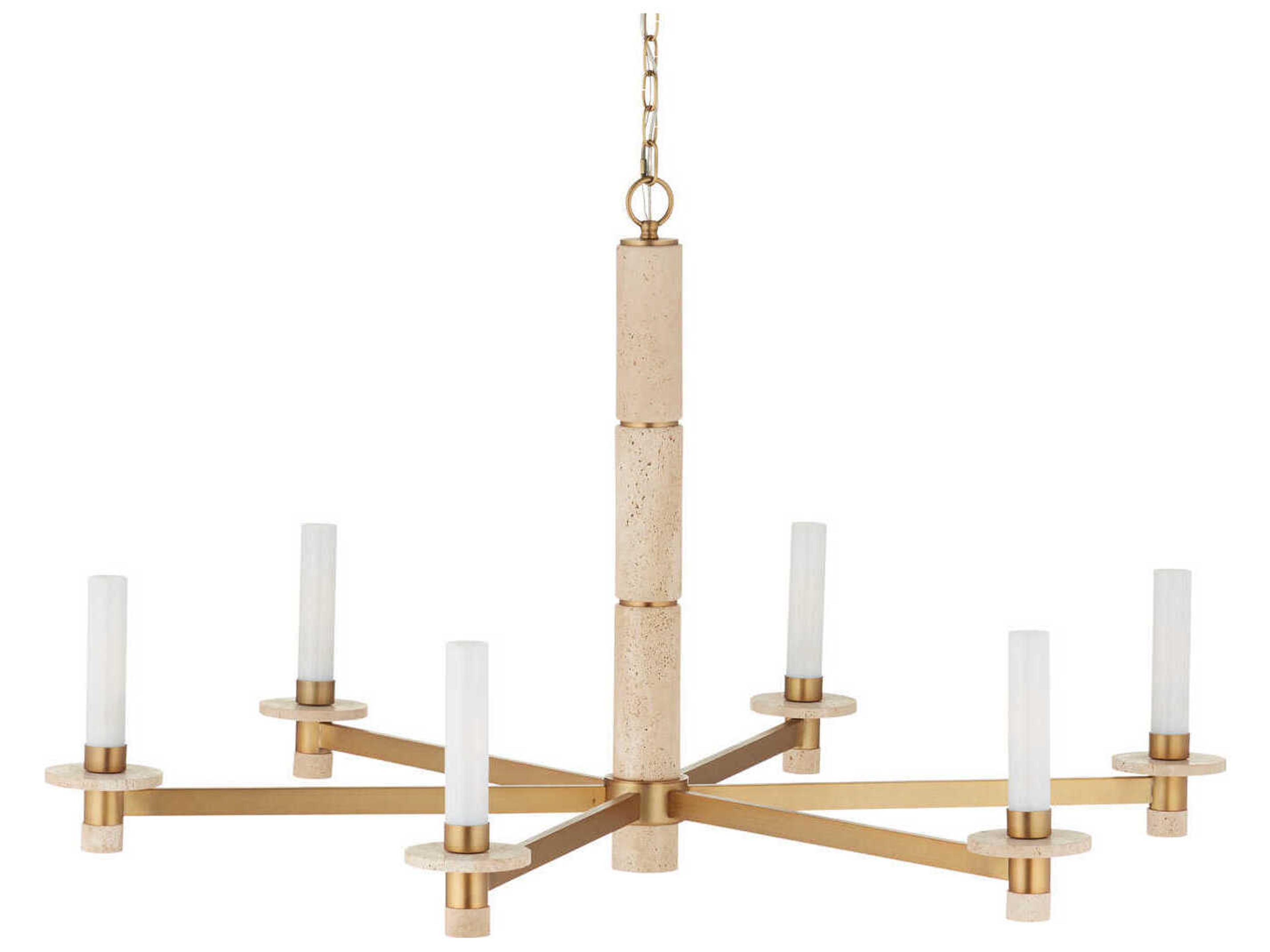 Currey & Company Marcelo 6-Light Natural Antique Brass Off White Chandelier