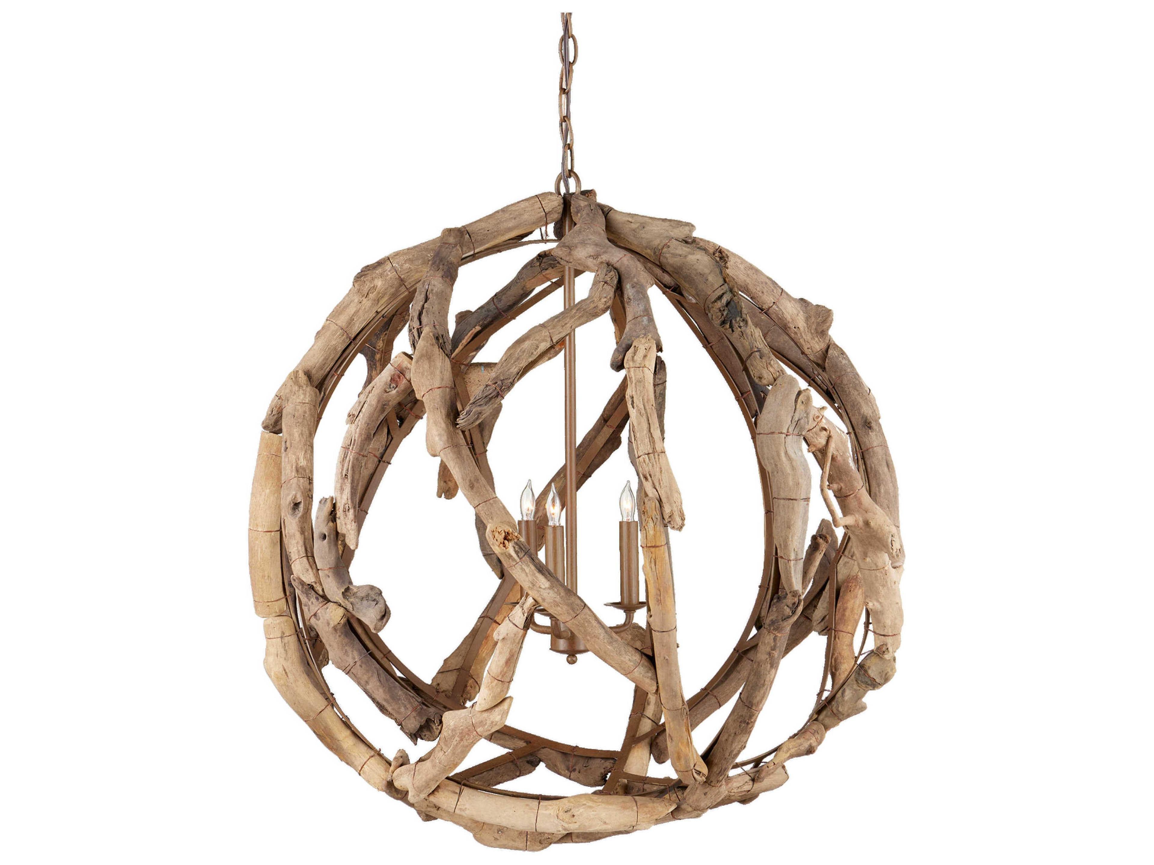 Currey & Company Driftwood 3-Light Natural Wood Globe Chandelier