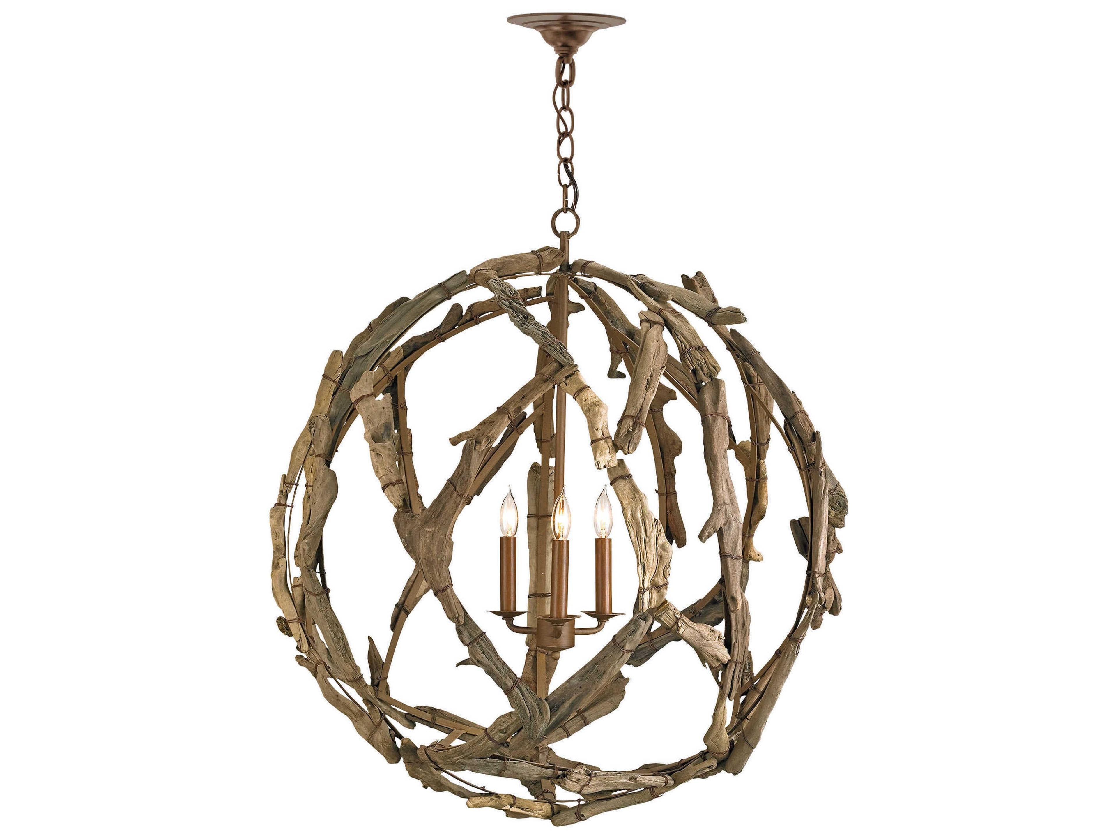 Currey & Company Driftwood 3-Light Natural Wood Globe Chandelier