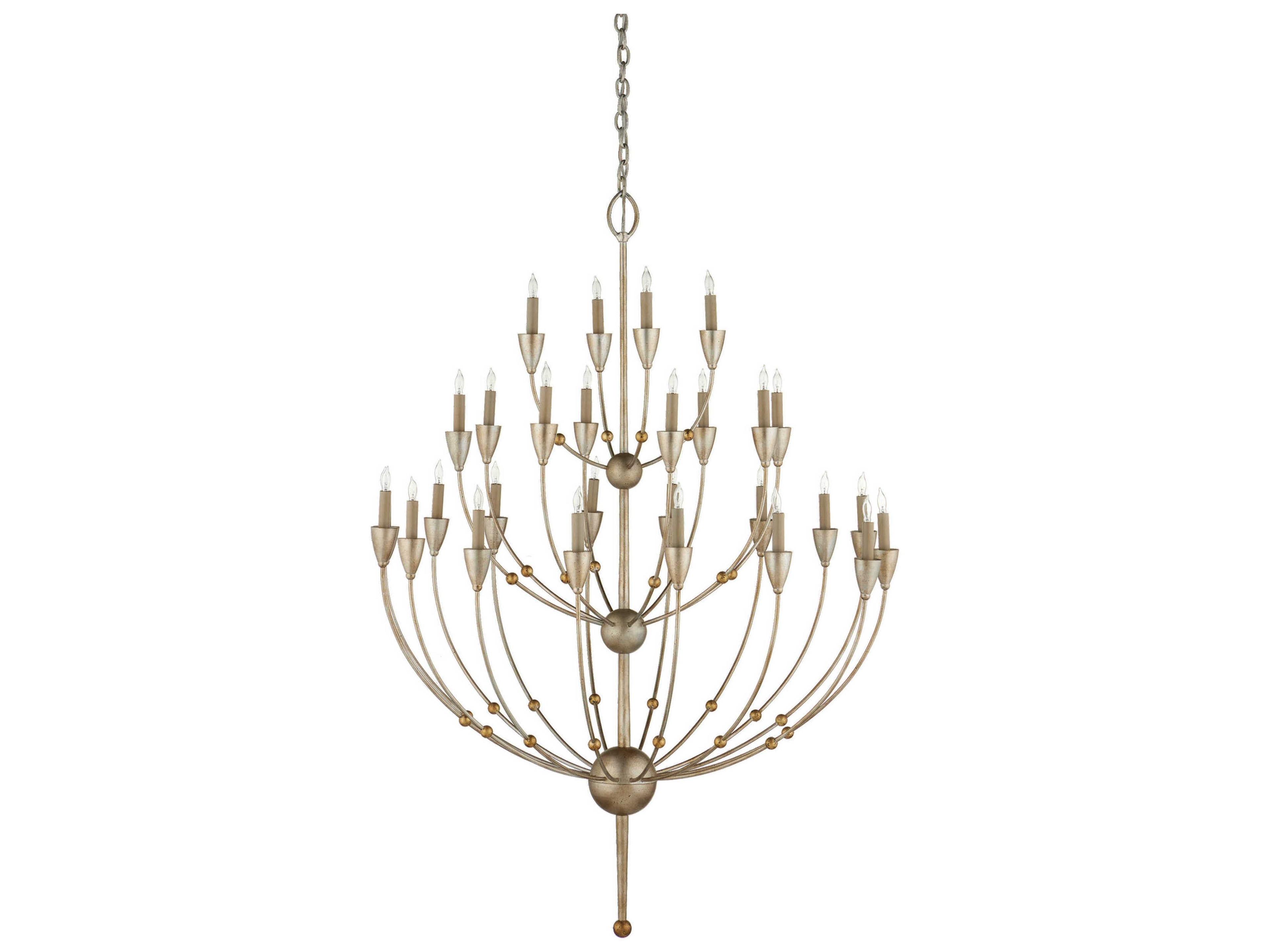 Currey & Company Paradox 28-Light Silver Granello gold Leaf Candelabra Tiered Chandelier
