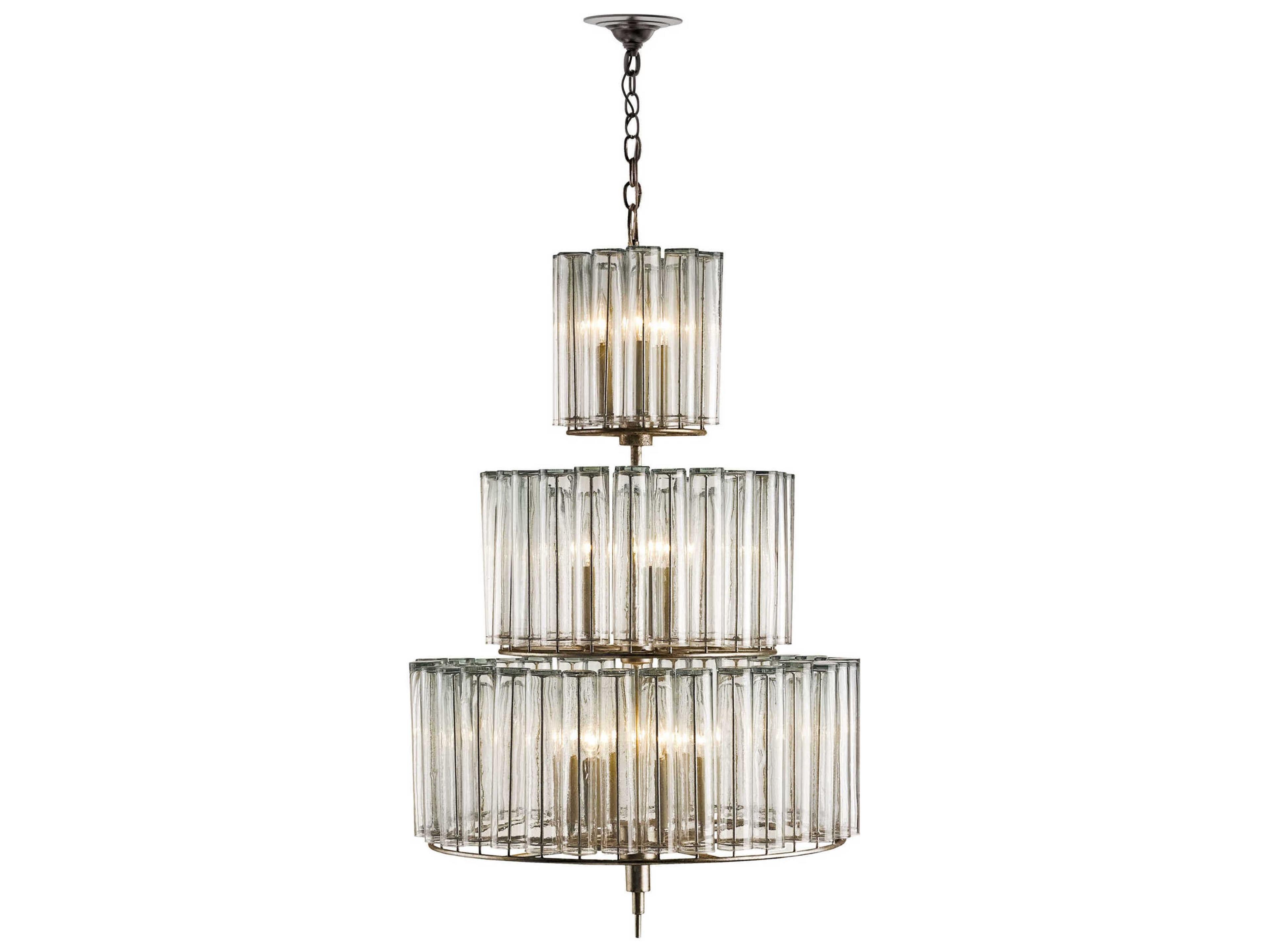 Currey & Company Bevilacqua 12-Light Silver Leaf Glass Candelabra Drum Tiered Chandelier