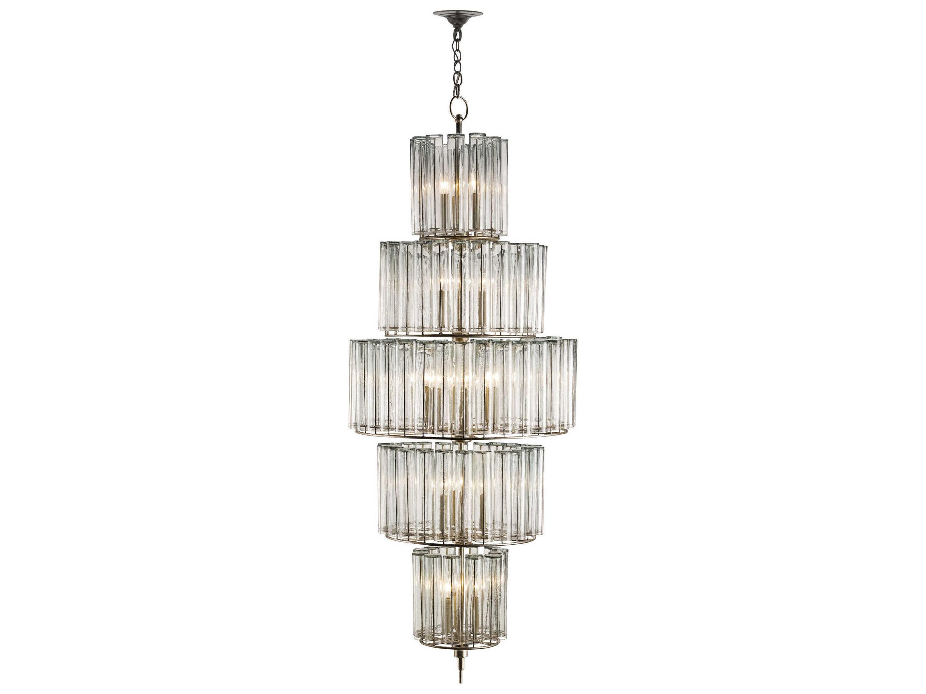 Currey & Company Bevilacqua 18-Light Silver Leaf Glass Candelabra Drum Tiered Chandelier
